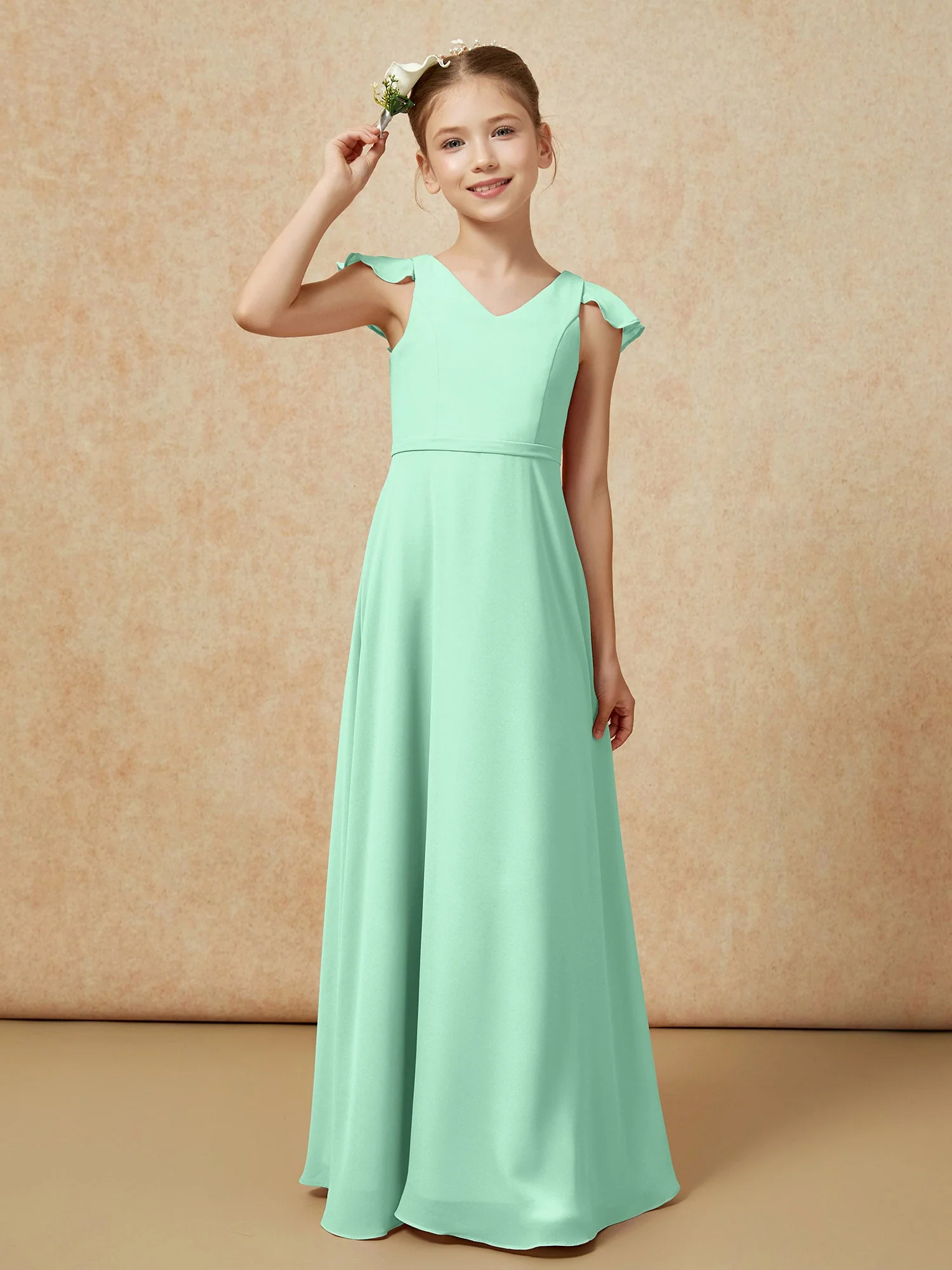 Flatterärmel Chiffon A-Linie Junge Brautjungfernkleider Minzgrün - Image 6