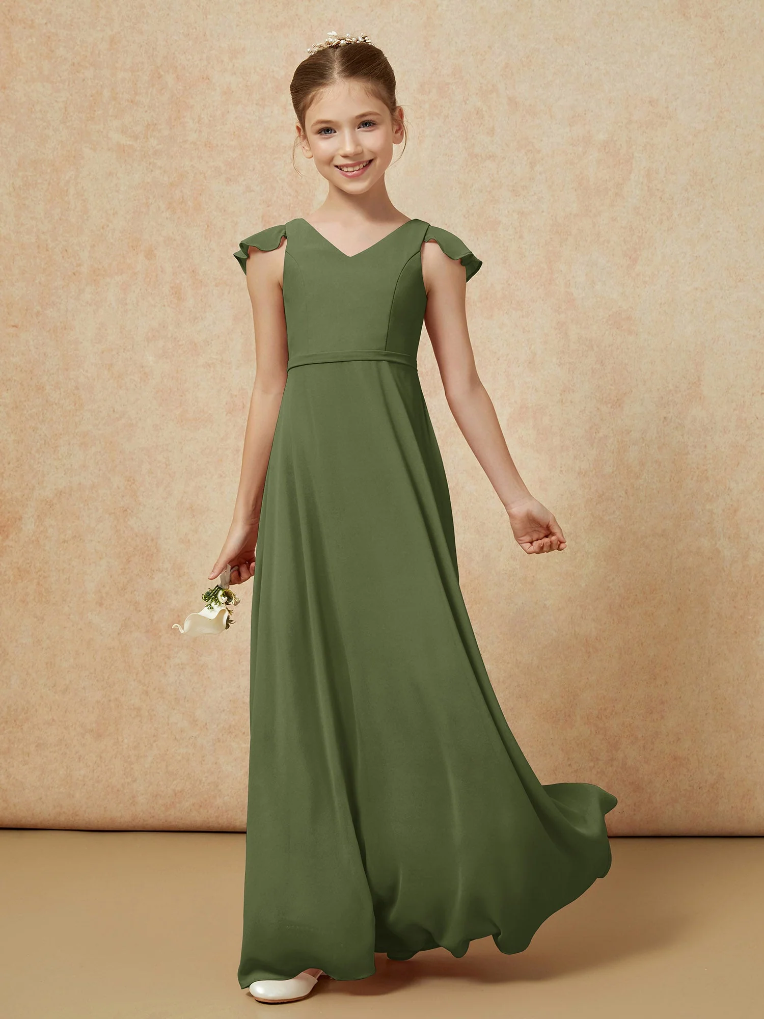 Flatterärmel Chiffon A-Linie Junge Brautjungfernkleider Olivgrün - Image 3