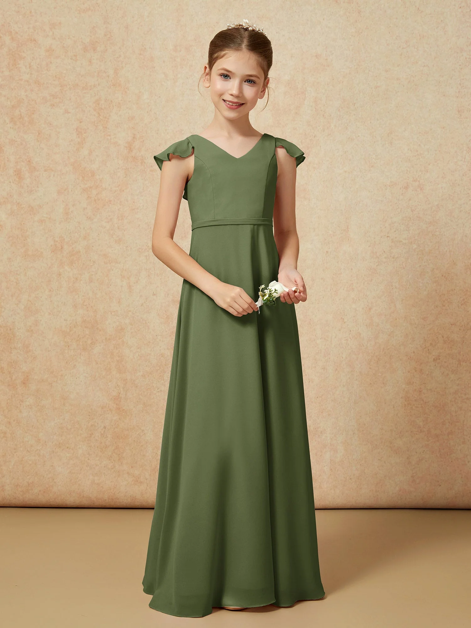 Flatterärmel Chiffon A-Linie Junge Brautjungfernkleider Olivgrün - Image 5