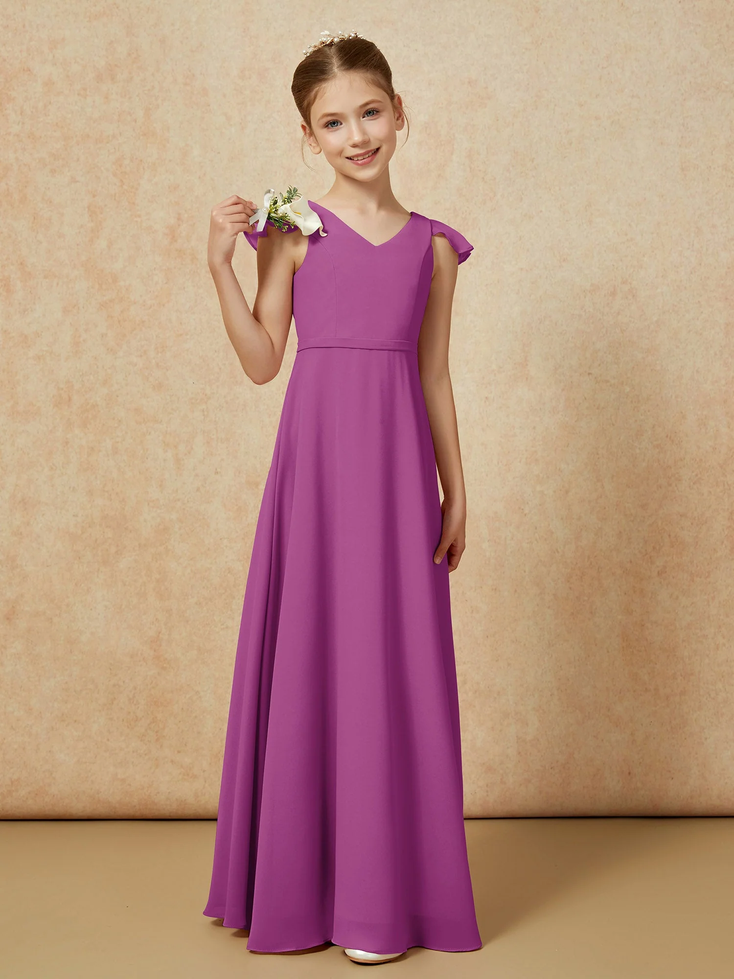 Flatterärmel Chiffon A-Linie Junge Brautjungfernkleider Orchidee