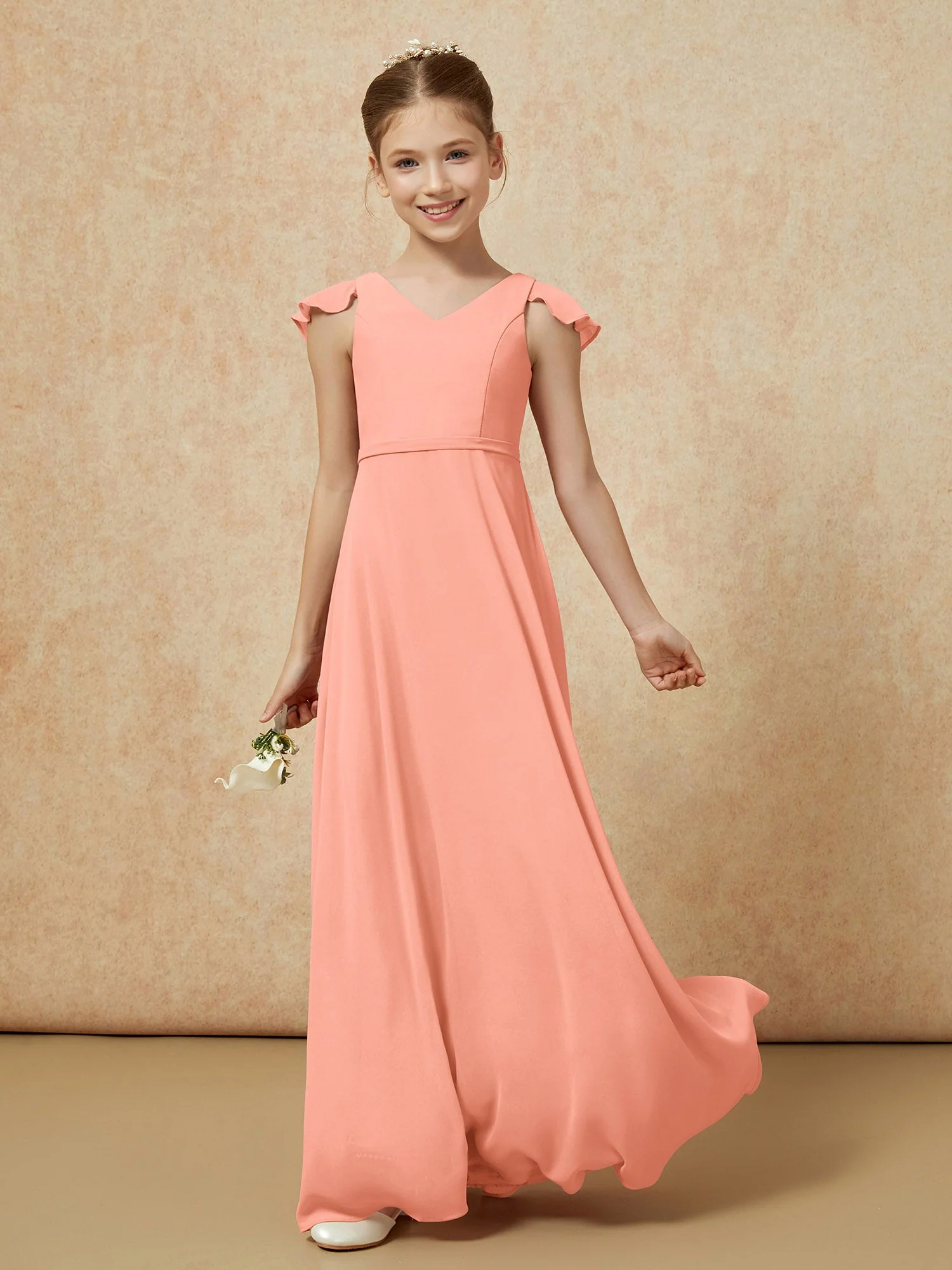 FlatterÀrmel Chiffon A-Linie Junge Brautjungfernkleider Papaya - Image 3