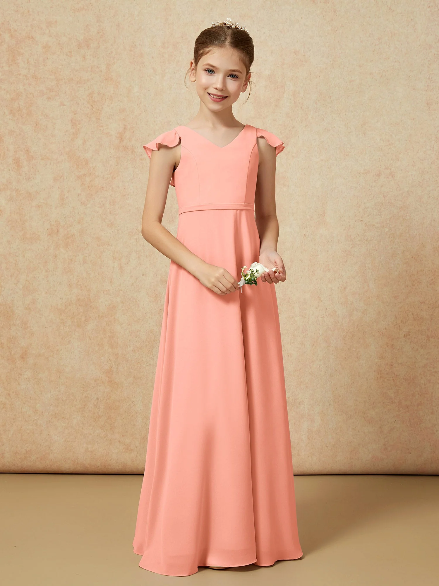 FlatterÀrmel Chiffon A-Linie Junge Brautjungfernkleider Papaya - Image 5