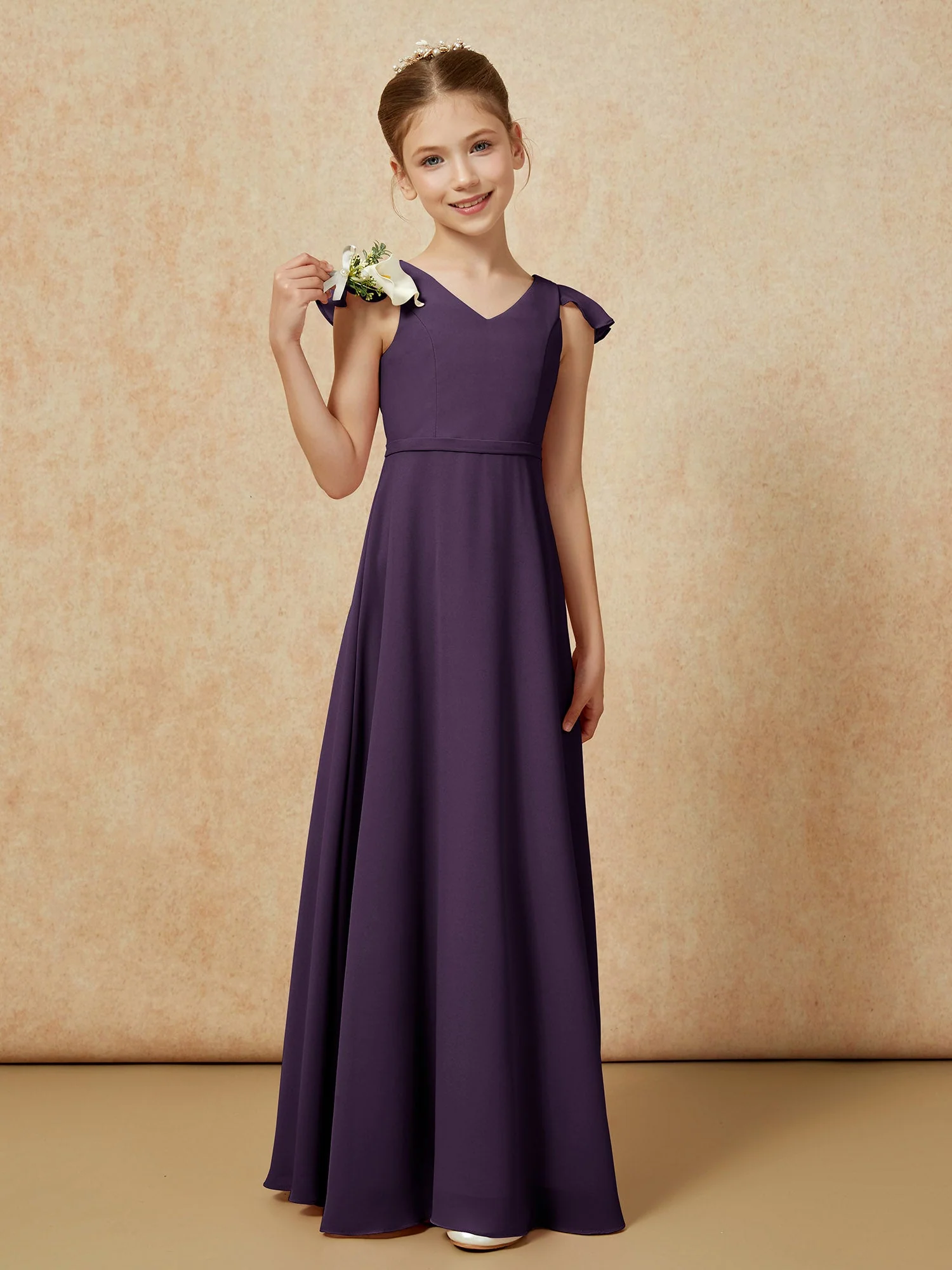 FlatterÀrmel Chiffon A-Linie Junge Brautjungfernkleider Plum