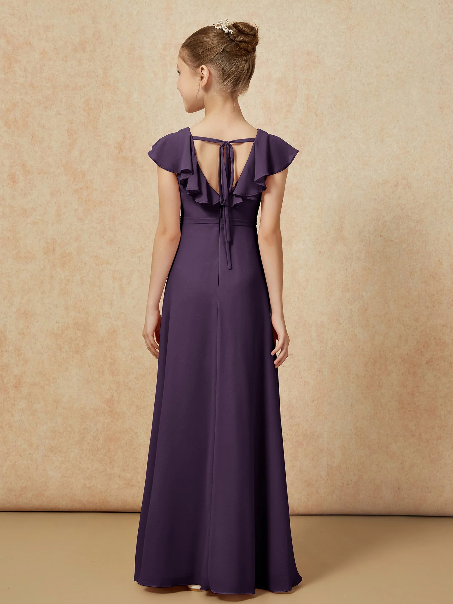 FlatterÀrmel Chiffon A-Linie Junge Brautjungfernkleider Plum - Image 2