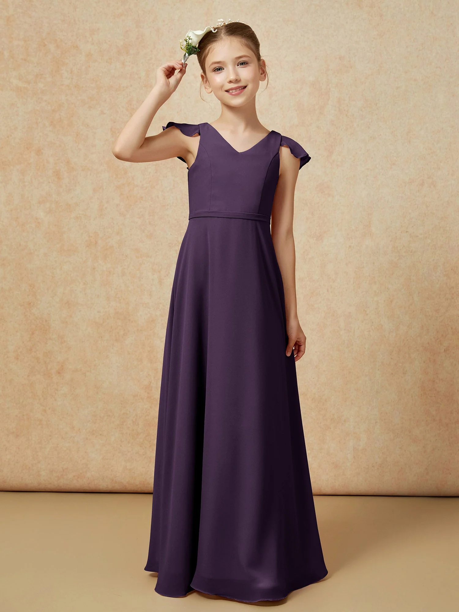 FlatterÀrmel Chiffon A-Linie Junge Brautjungfernkleider Plum - Image 6