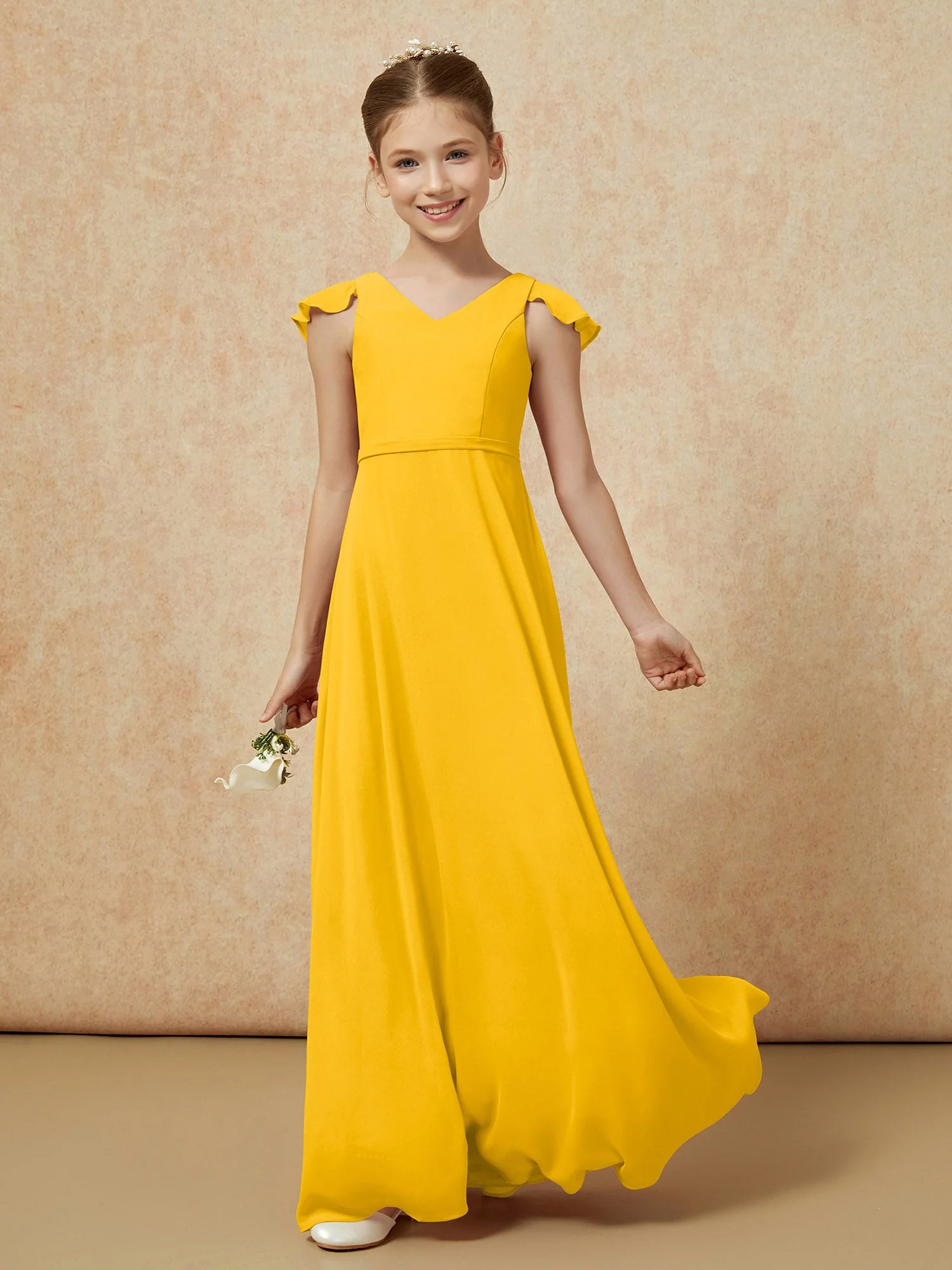 Flatterärmel Chiffon A-Linie Junge Brautjungfernkleider Ringelblume - Image 3