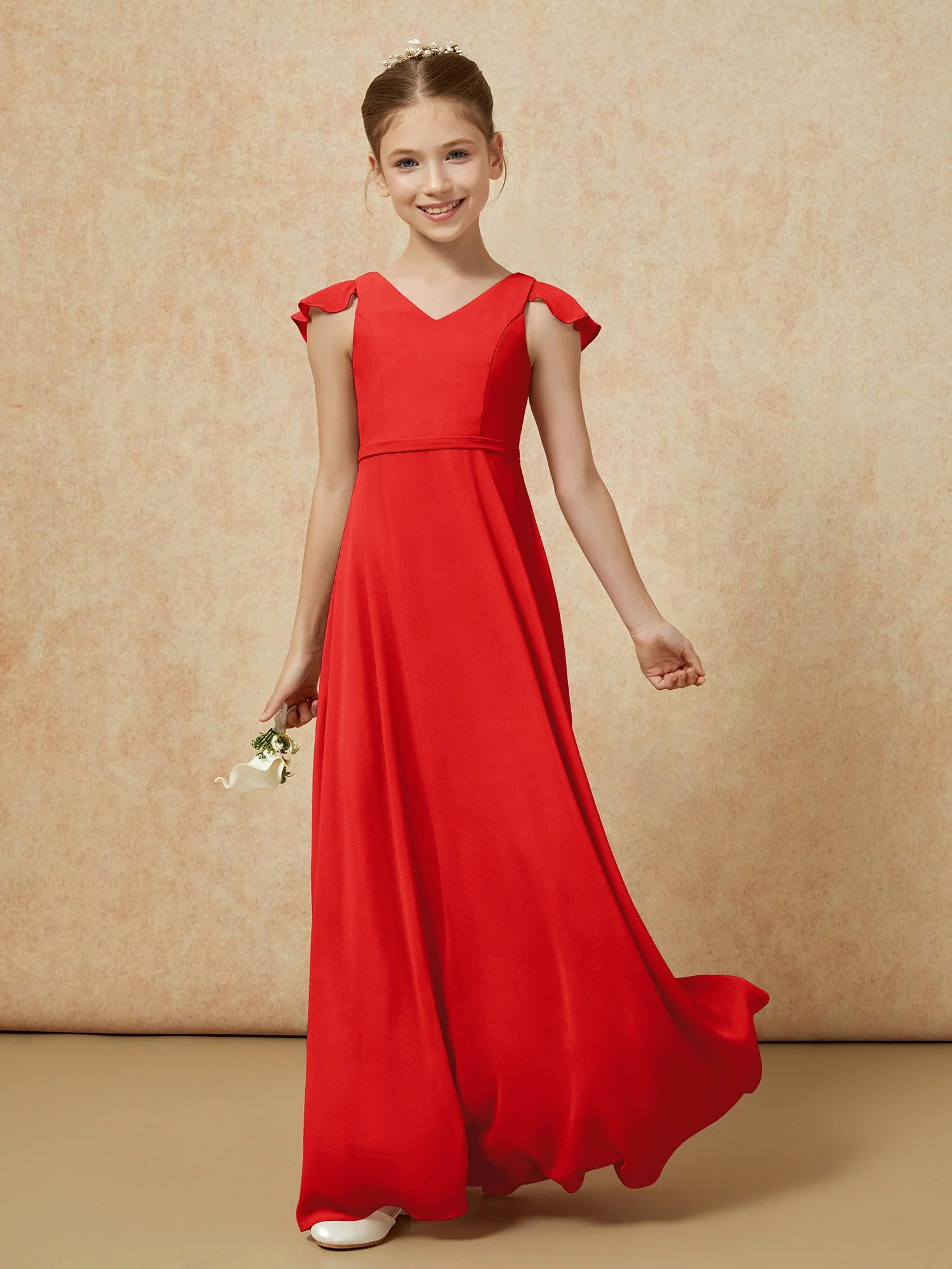 Flatterärmel Chiffon A-Linie Junge Brautjungfernkleider Rot - Image 3
