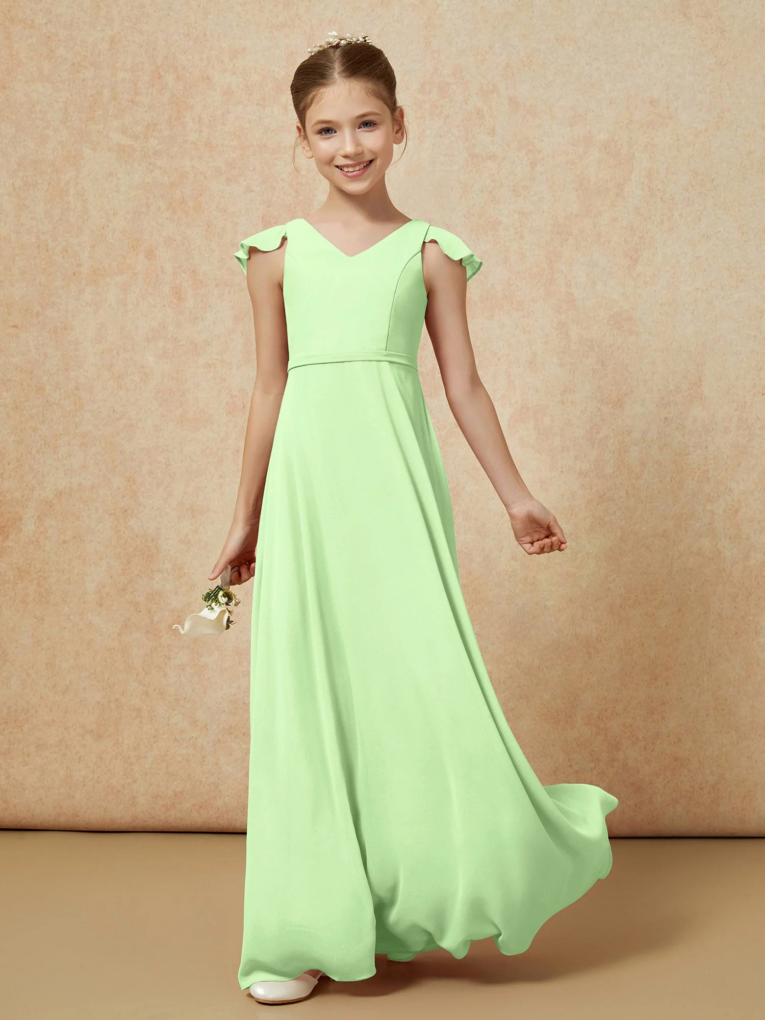 FlatterÀrmel Chiffon A-Linie Junge Brautjungfernkleider Salbei - Image 3