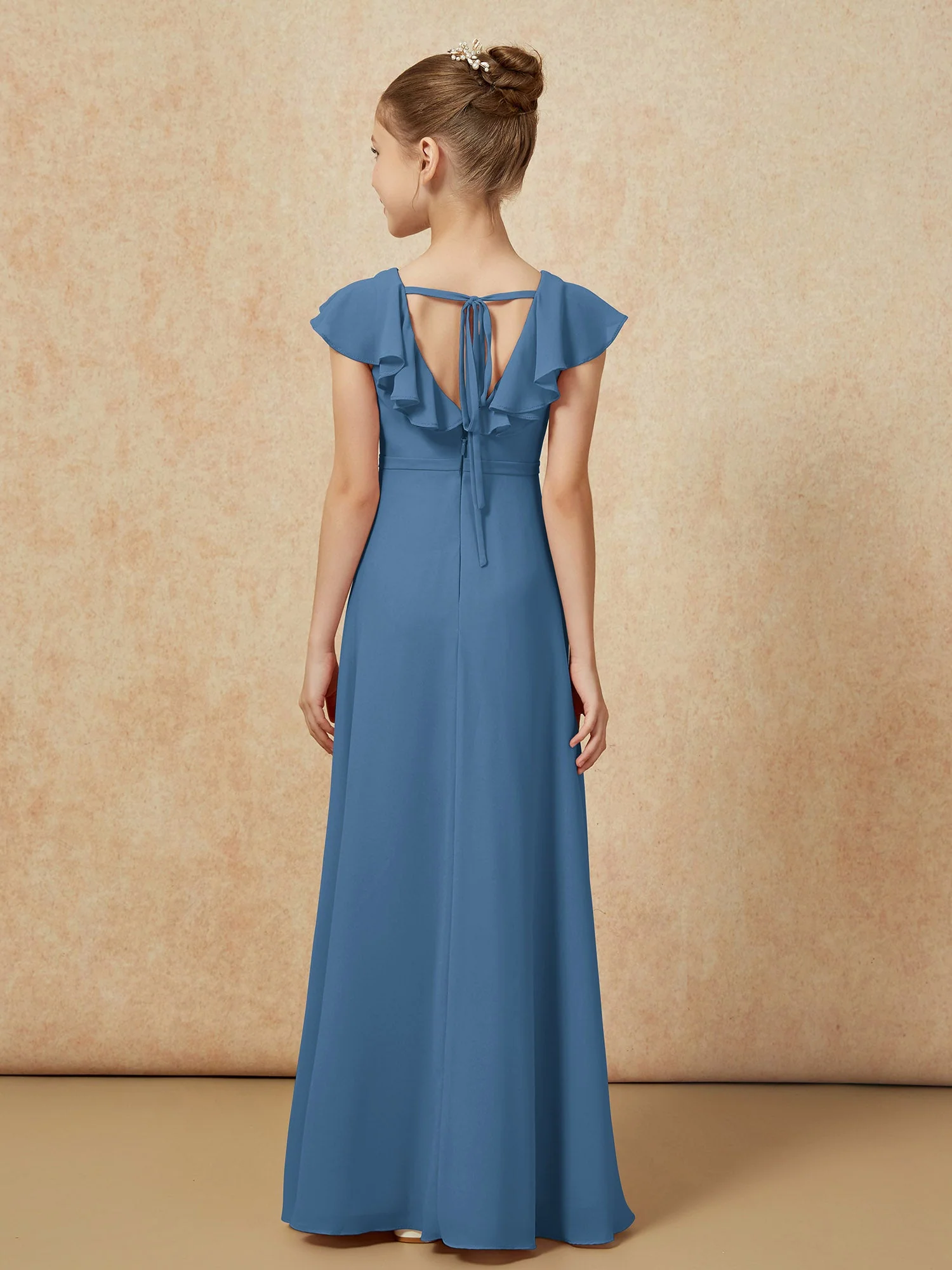 FlatterÀrmel Chiffon A-Linie Junge Brautjungfernkleider Schiefer Blau - Image 2
