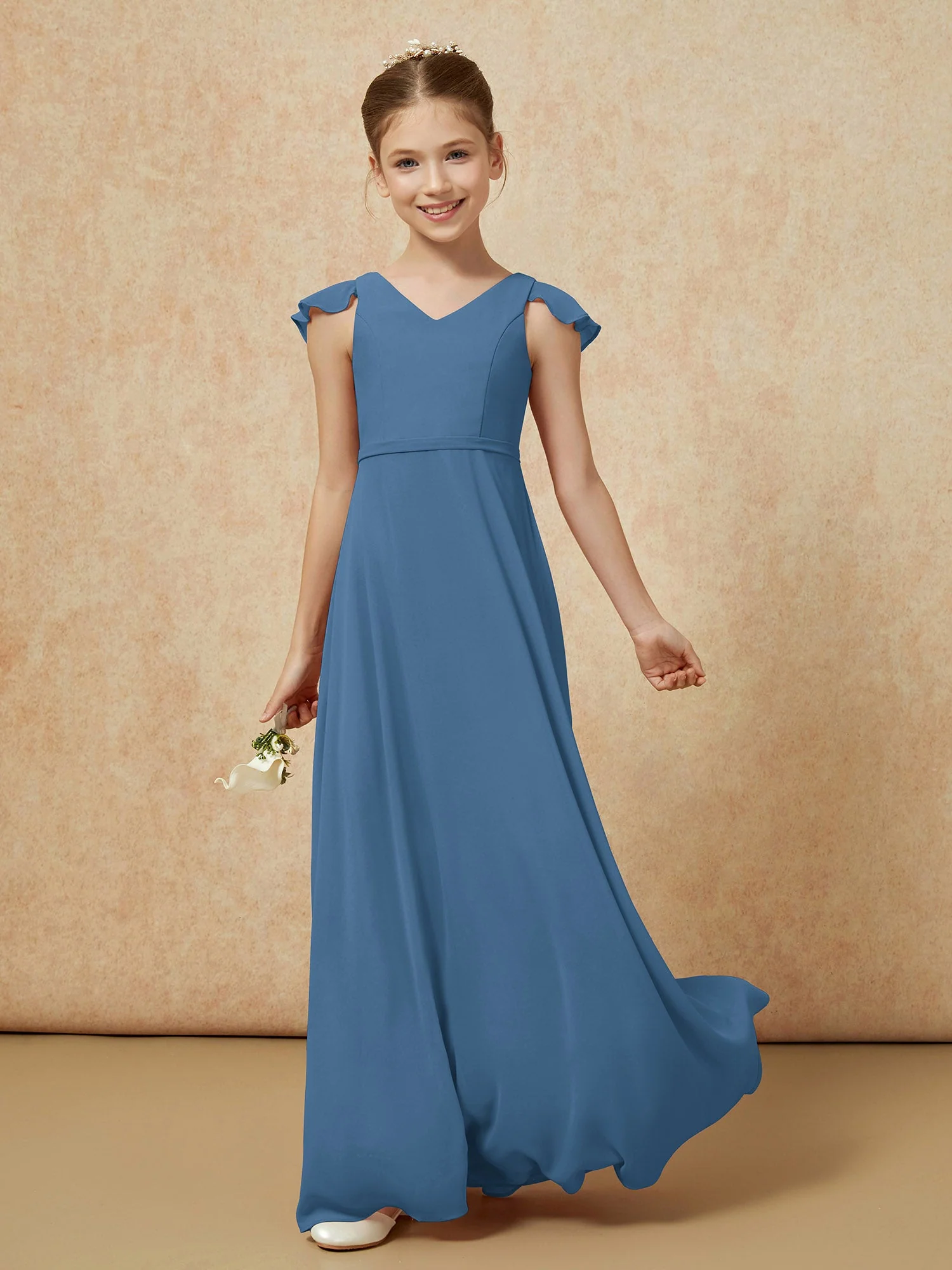 FlatterÀrmel Chiffon A-Linie Junge Brautjungfernkleider Schiefer Blau - Image 3