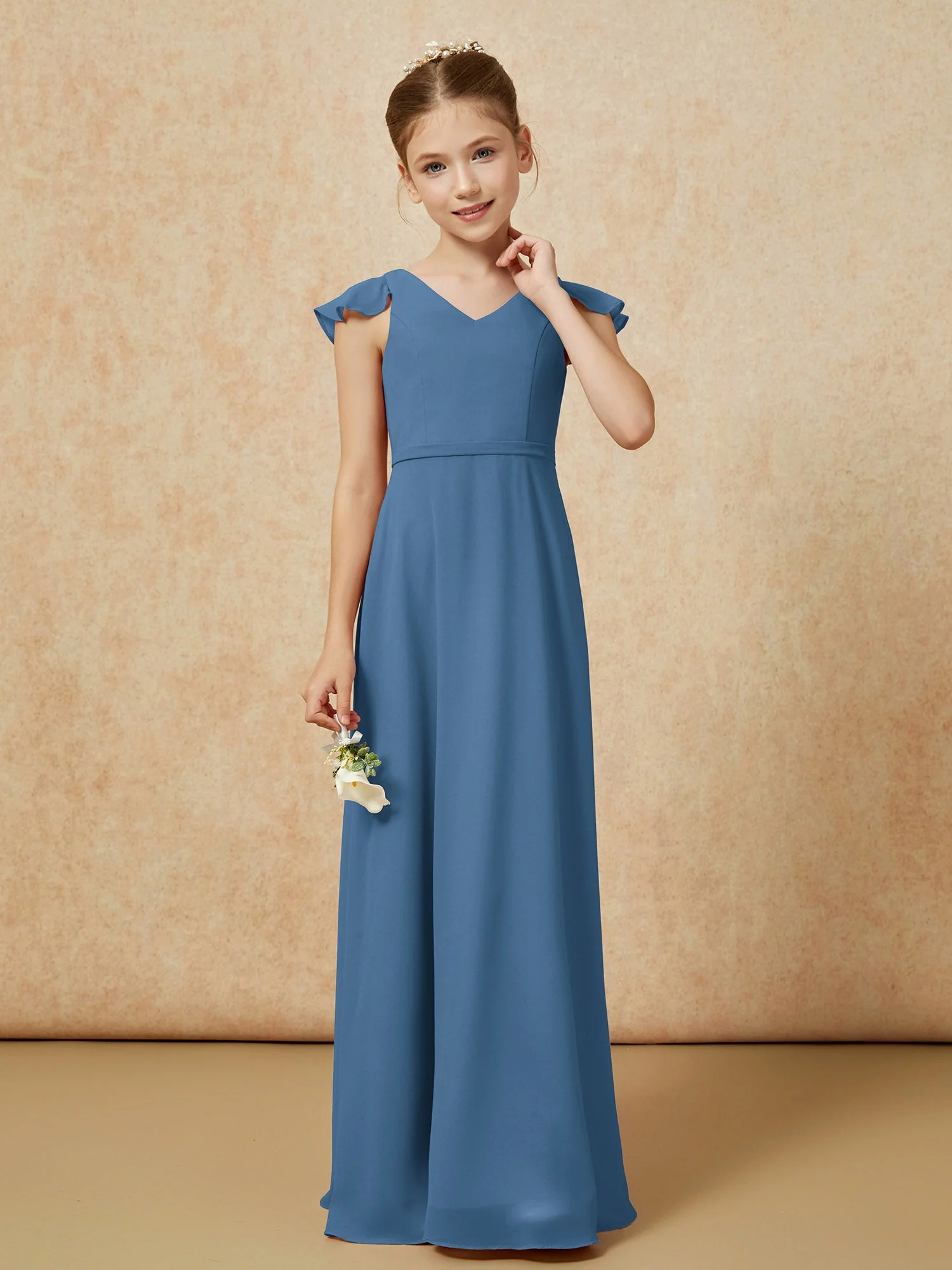 FlatterÀrmel Chiffon A-Linie Junge Brautjungfernkleider Schiefer Blau - Image 4