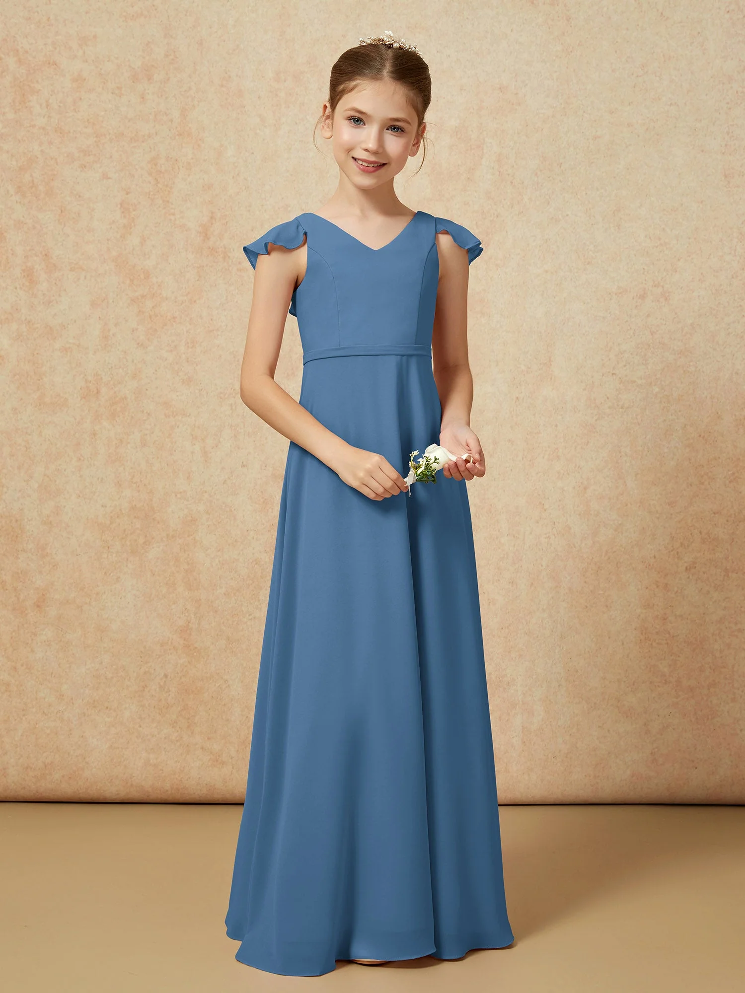 FlatterÀrmel Chiffon A-Linie Junge Brautjungfernkleider Schiefer Blau - Image 5