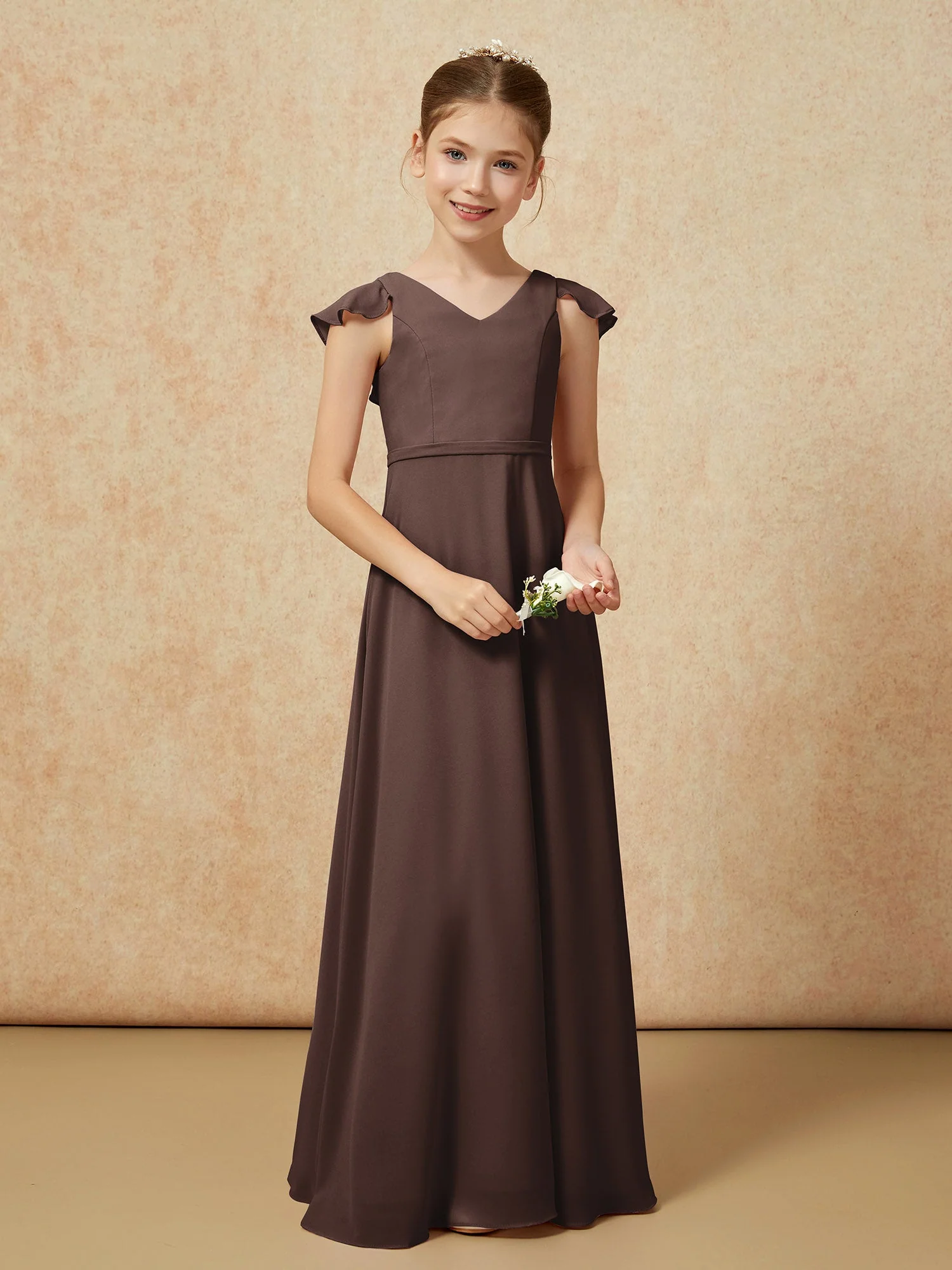 Flatterärmel Chiffon A-Linie Junge Brautjungfernkleider Schokolade - Image 5