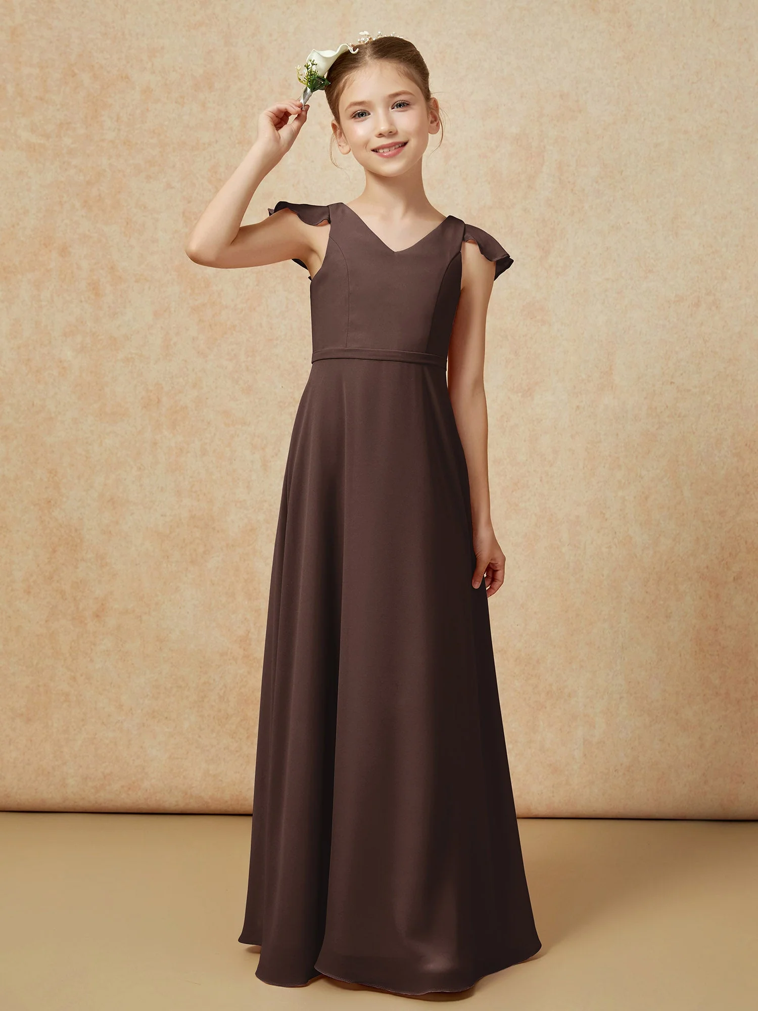 Flatterärmel Chiffon A-Linie Junge Brautjungfernkleider Schokolade - Image 6