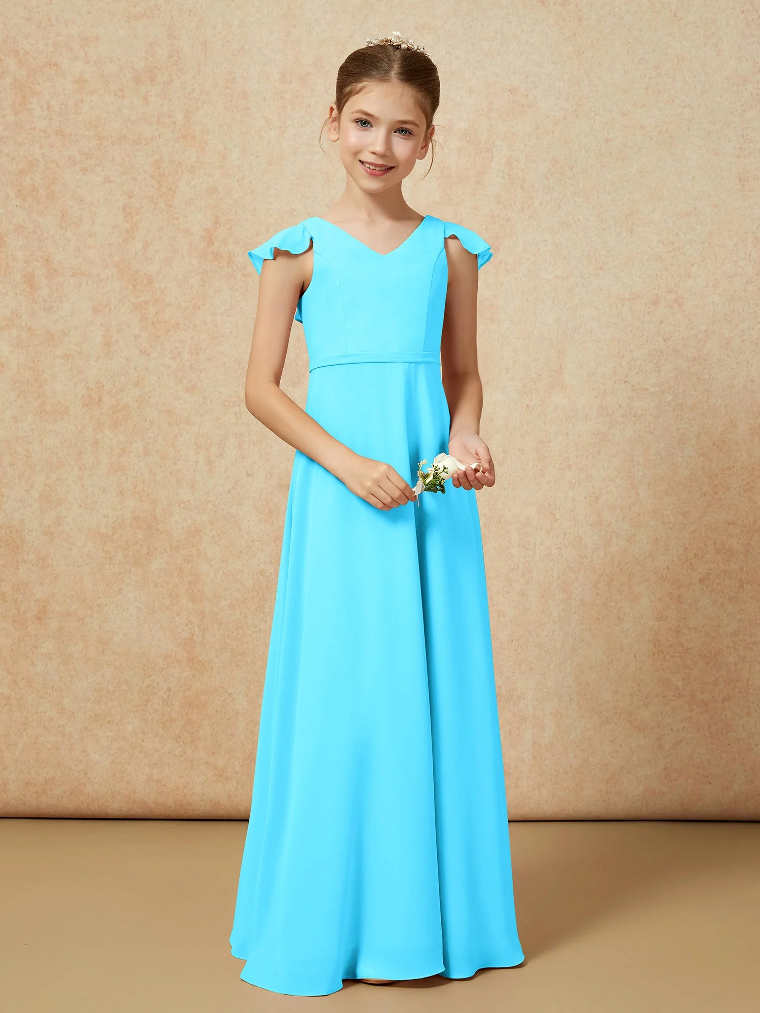Flatterärmel Chiffon A-Linie Junge Brautjungfernkleider Schwimmbadblau - Image 5