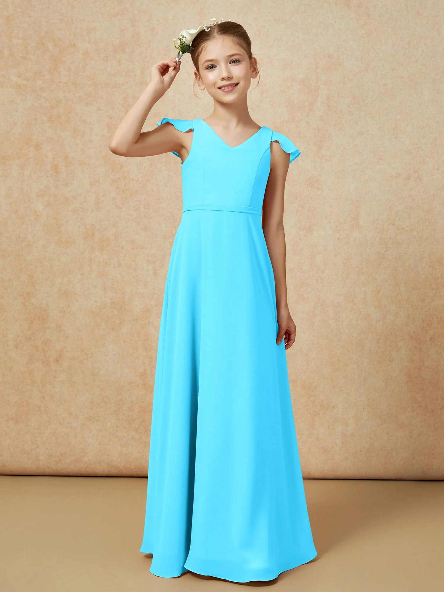 Flatterärmel Chiffon A-Linie Junge Brautjungfernkleider Schwimmbadblau - Image 6