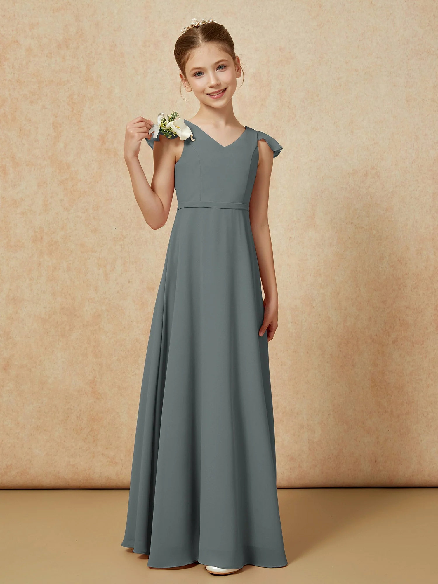 Flatterärmel Chiffon A-Linie Junge Brautjungfernkleider Stahlgrau