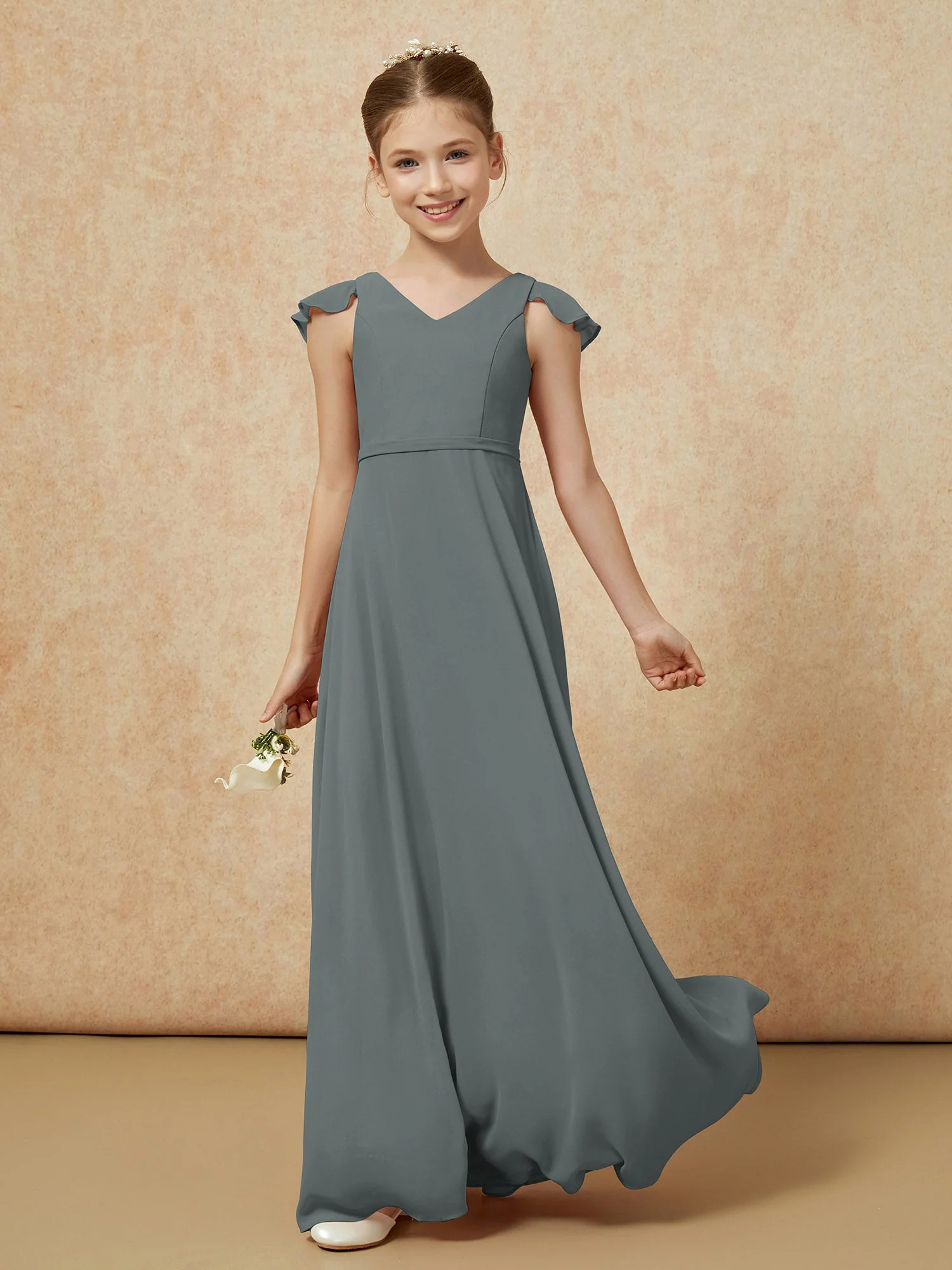 Flatterärmel Chiffon A-Linie Junge Brautjungfernkleider Stahlgrau - Image 3