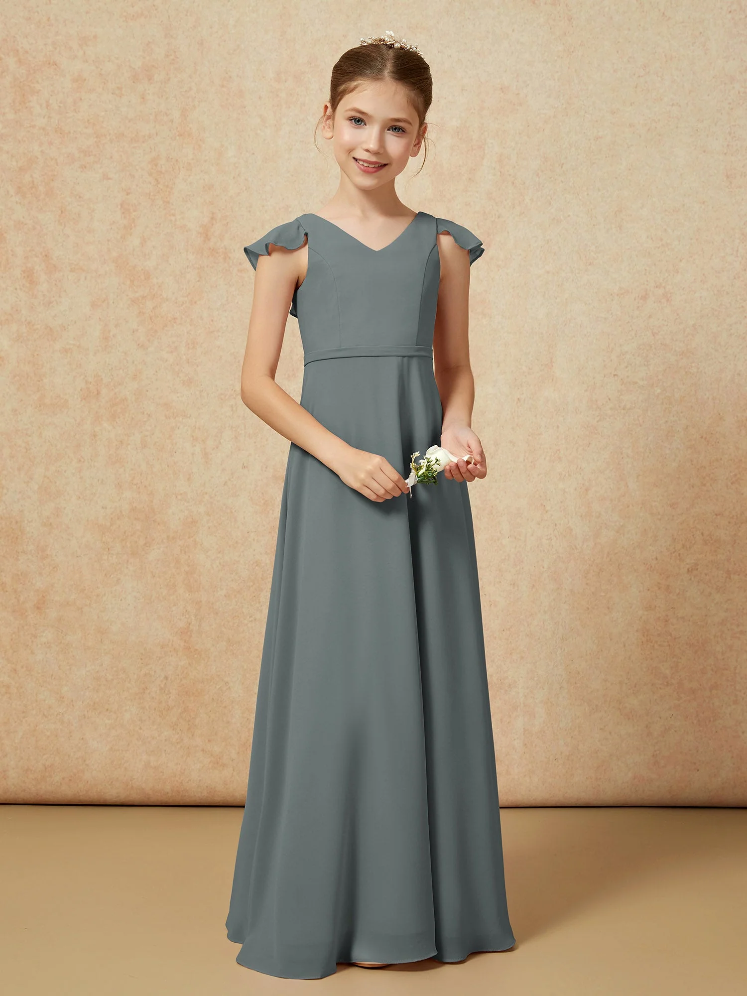 Flatterärmel Chiffon A-Linie Junge Brautjungfernkleider Stahlgrau - Image 5