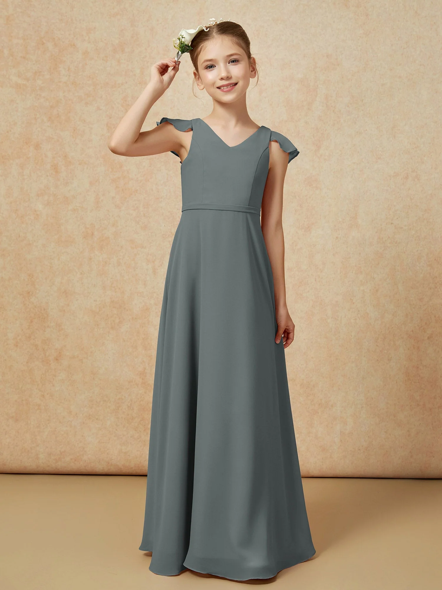 Flatterärmel Chiffon A-Linie Junge Brautjungfernkleider Stahlgrau - Image 6
