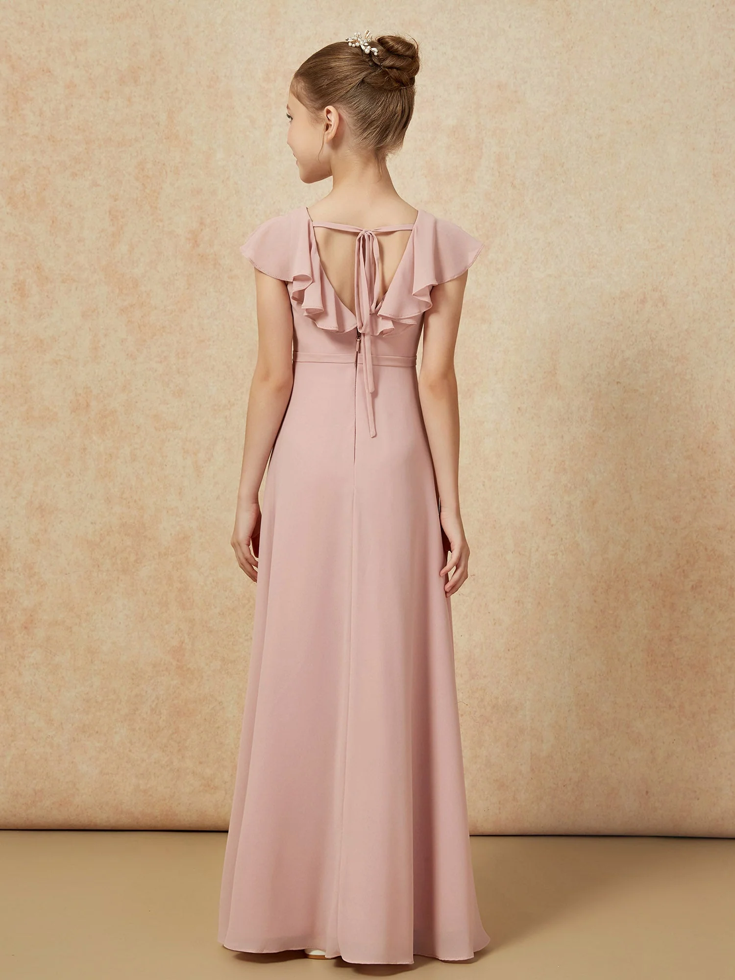 Flatterärmel Chiffon A-Linie Junge Brautjungfernkleider Staubige Rosa - Image 2