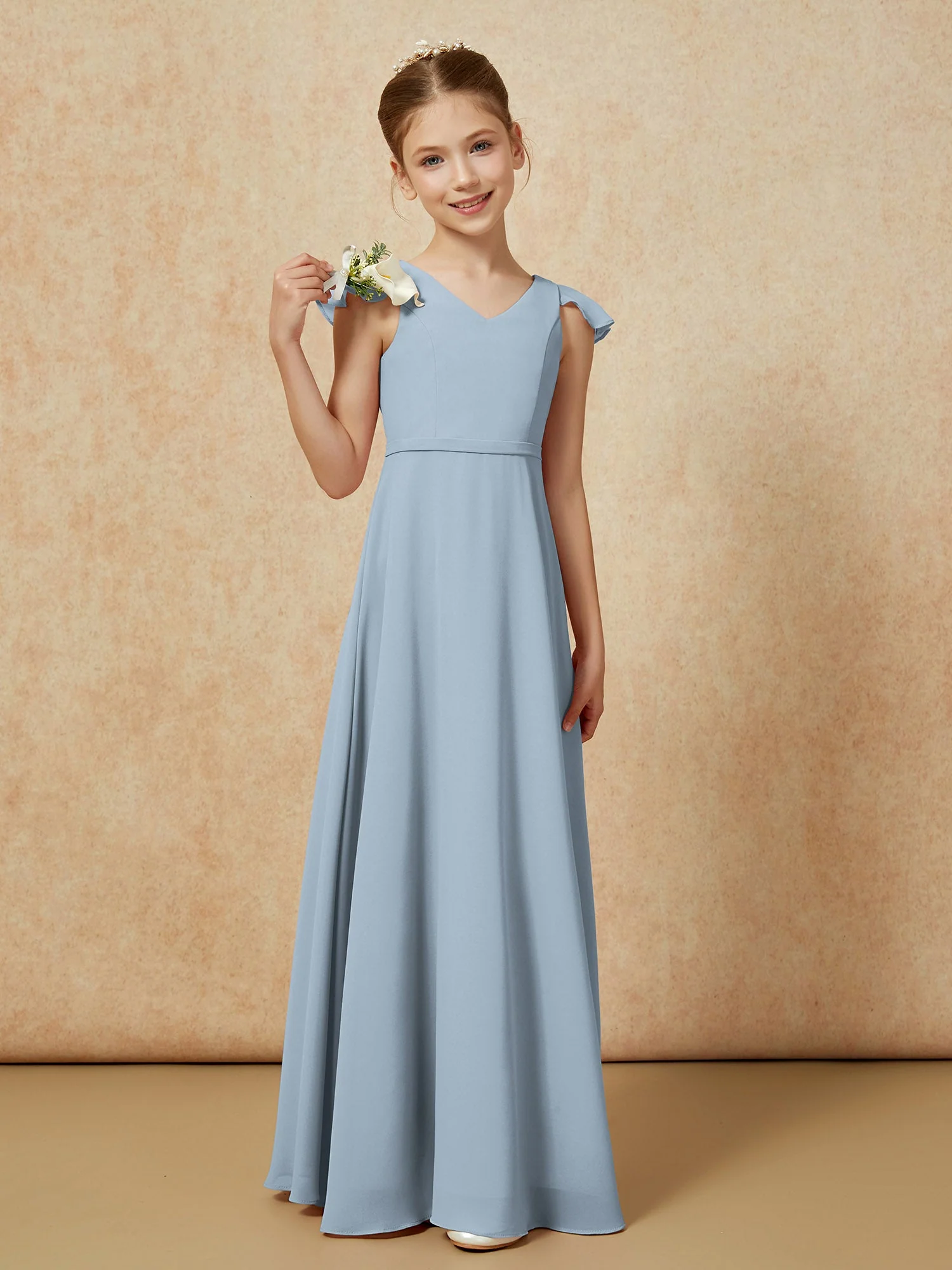 FlatterÀrmel Chiffon A-Linie Junge Brautjungfernkleider Staubiges Blau