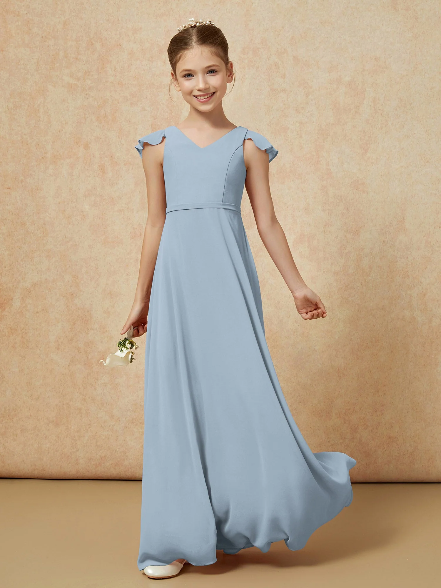 FlatterÀrmel Chiffon A-Linie Junge Brautjungfernkleider Staubiges Blau - Image 3