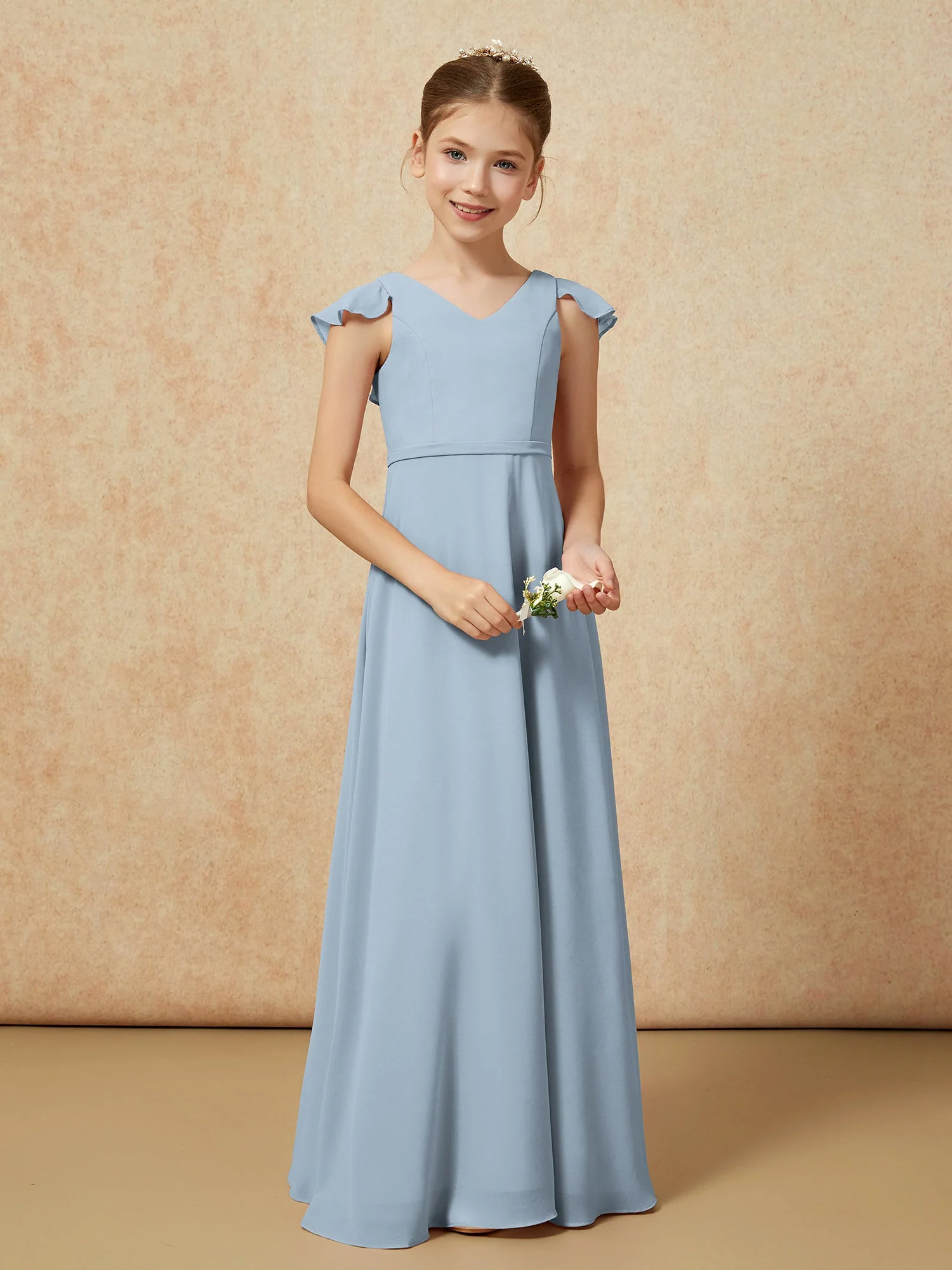 FlatterÀrmel Chiffon A-Linie Junge Brautjungfernkleider Staubiges Blau - Image 5