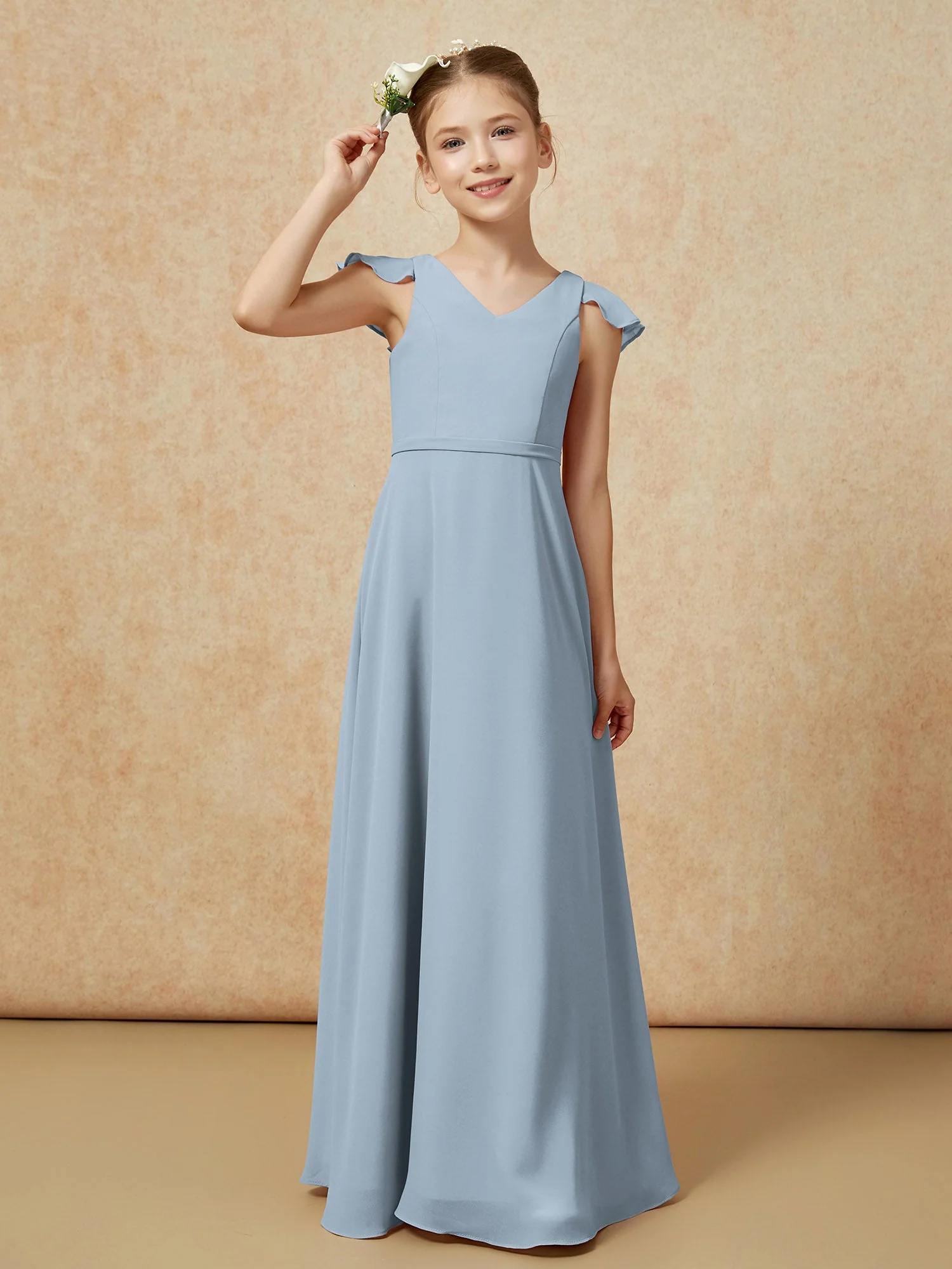FlatterÀrmel Chiffon A-Linie Junge Brautjungfernkleider Staubiges Blau - Image 6