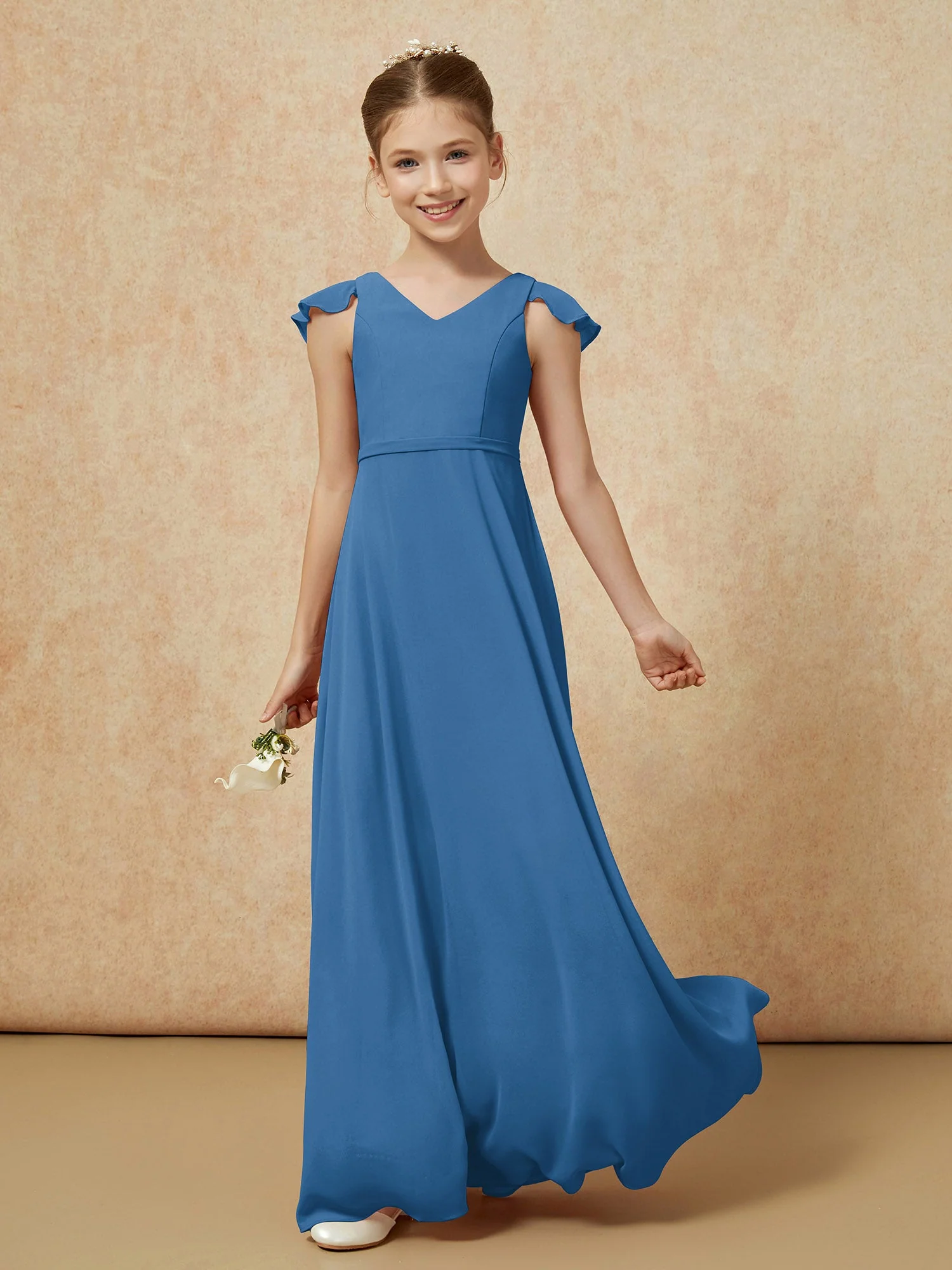 FlatterÀrmel Chiffon A-Linie Junge Brautjungfernkleider Tinte Blau - Image 3