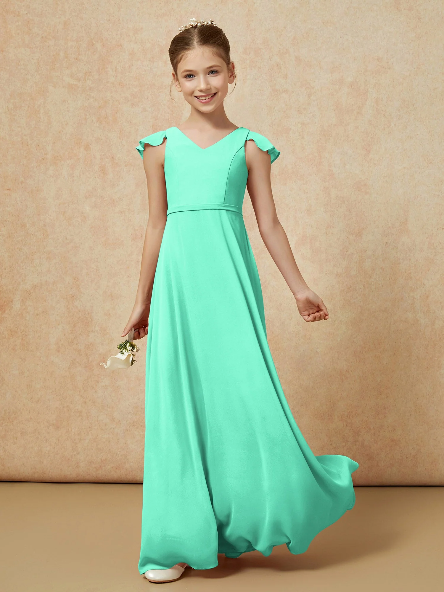 Flatterärmel Chiffon A-Linie Junge Brautjungfernkleider Türkis - Image 3