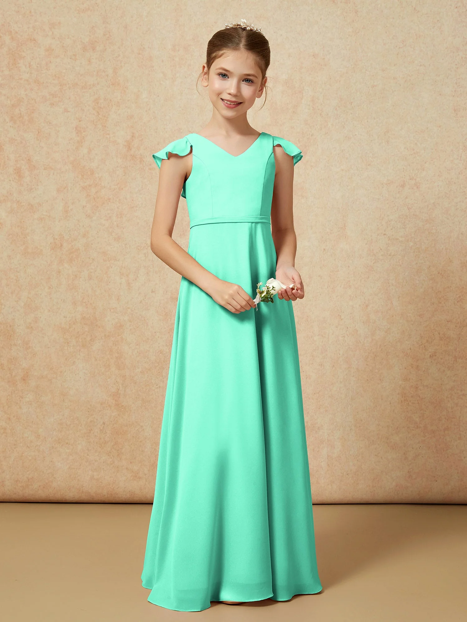 Flatterärmel Chiffon A-Linie Junge Brautjungfernkleider Türkis - Image 5