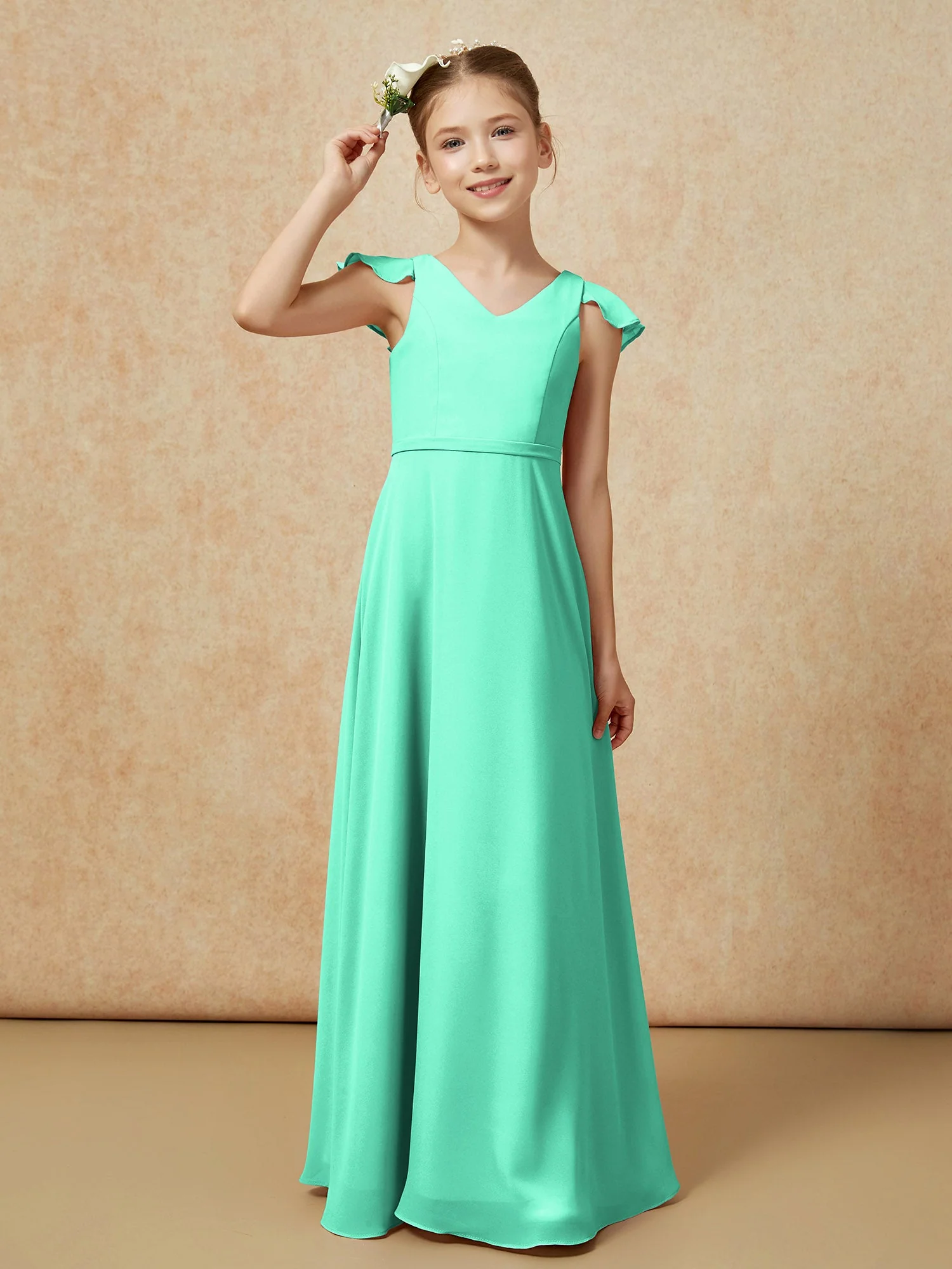 Flatterärmel Chiffon A-Linie Junge Brautjungfernkleider Türkis - Image 6