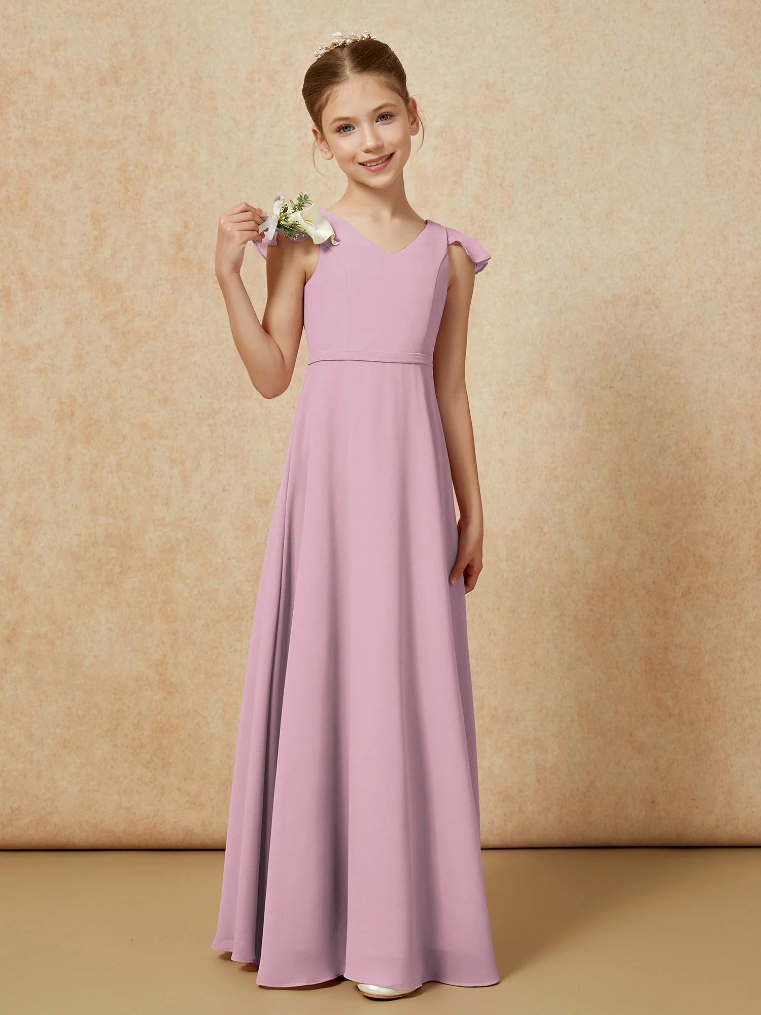 FlatterÀrmel Chiffon A-Linie Junge Brautjungfernkleider Vintage Mauve