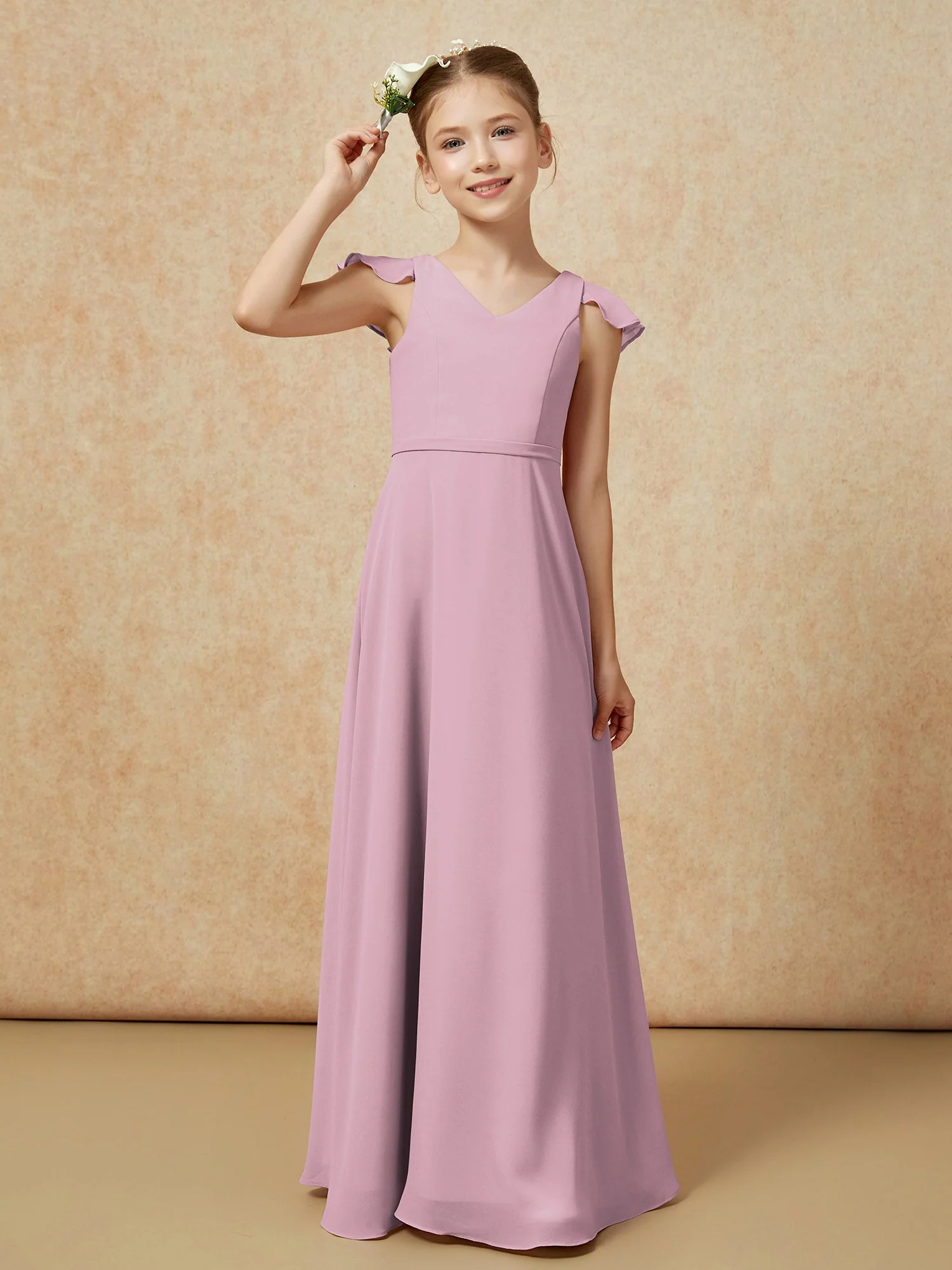 FlatterÀrmel Chiffon A-Linie Junge Brautjungfernkleider Vintage Mauve - Image 6