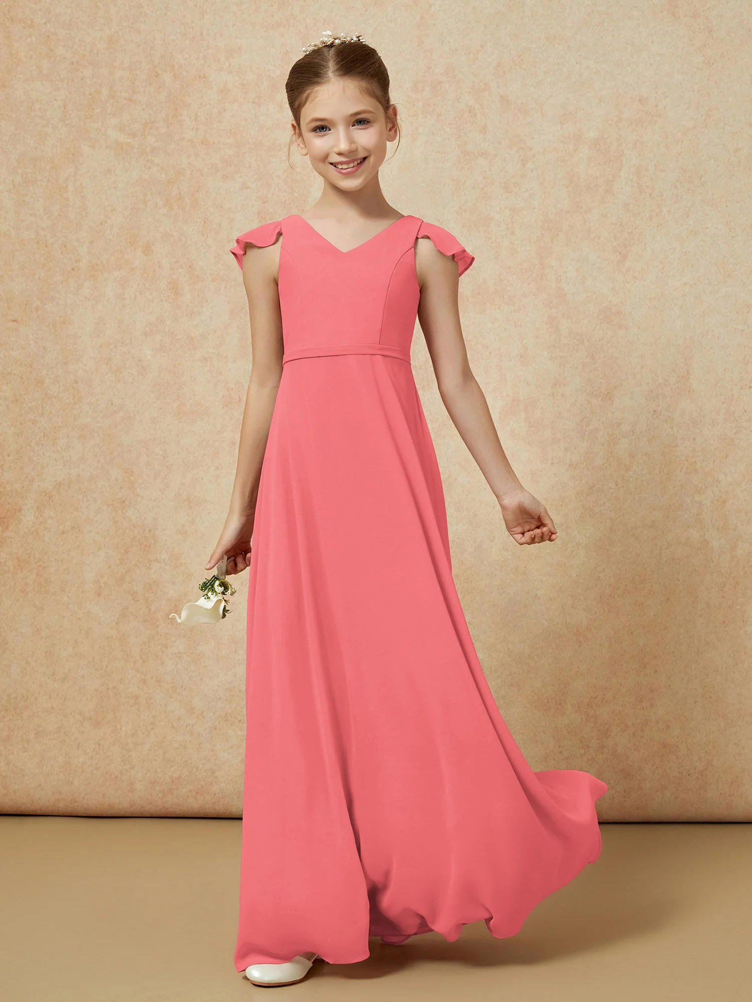 FlatterÀrmel Chiffon A-Linie Junge Brautjungfernkleider Wassermelone - Image 3
