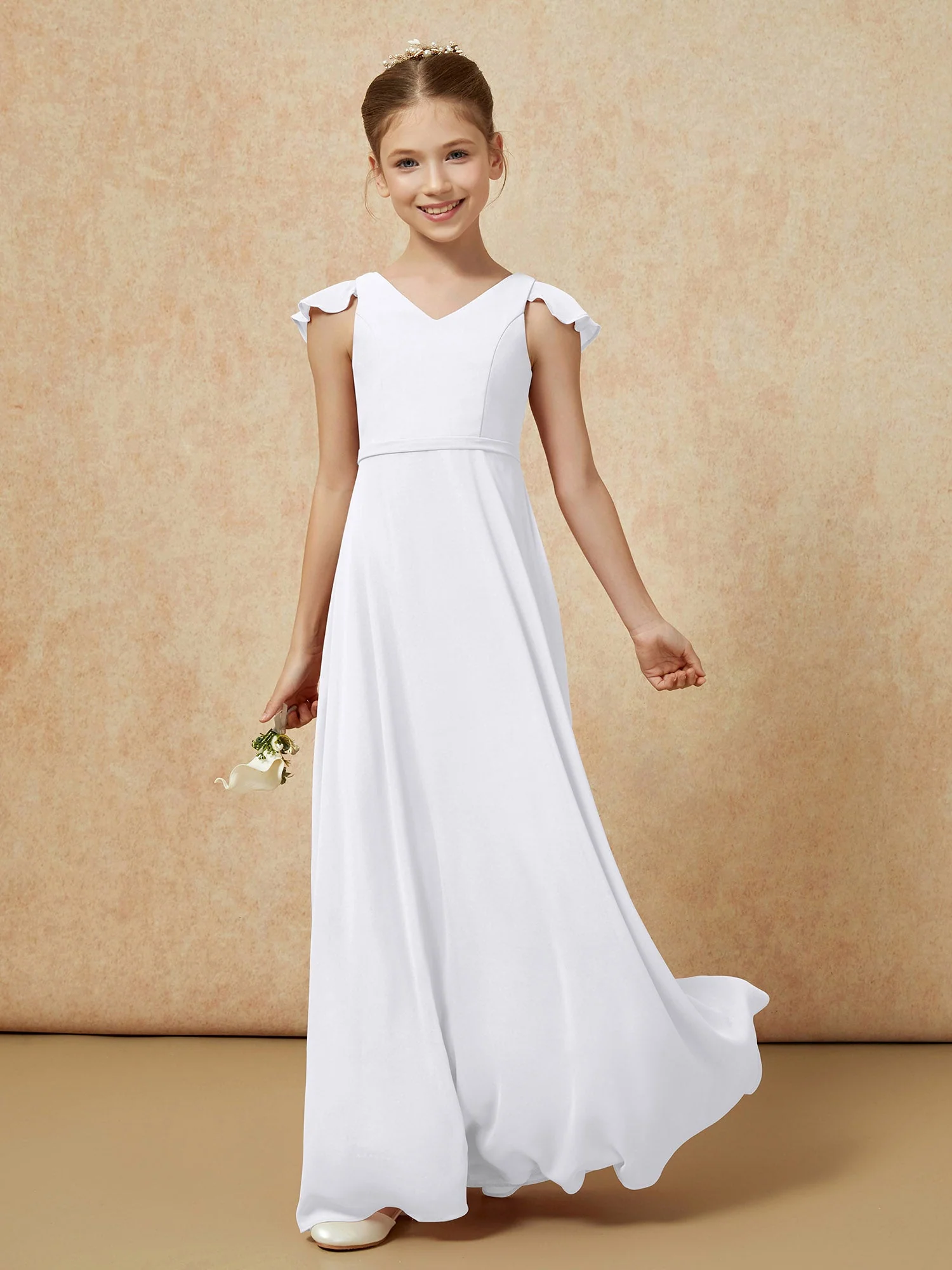 Flatterärmel Chiffon A-Linie Junge Brautjungfernkleider Weiß - Image 3