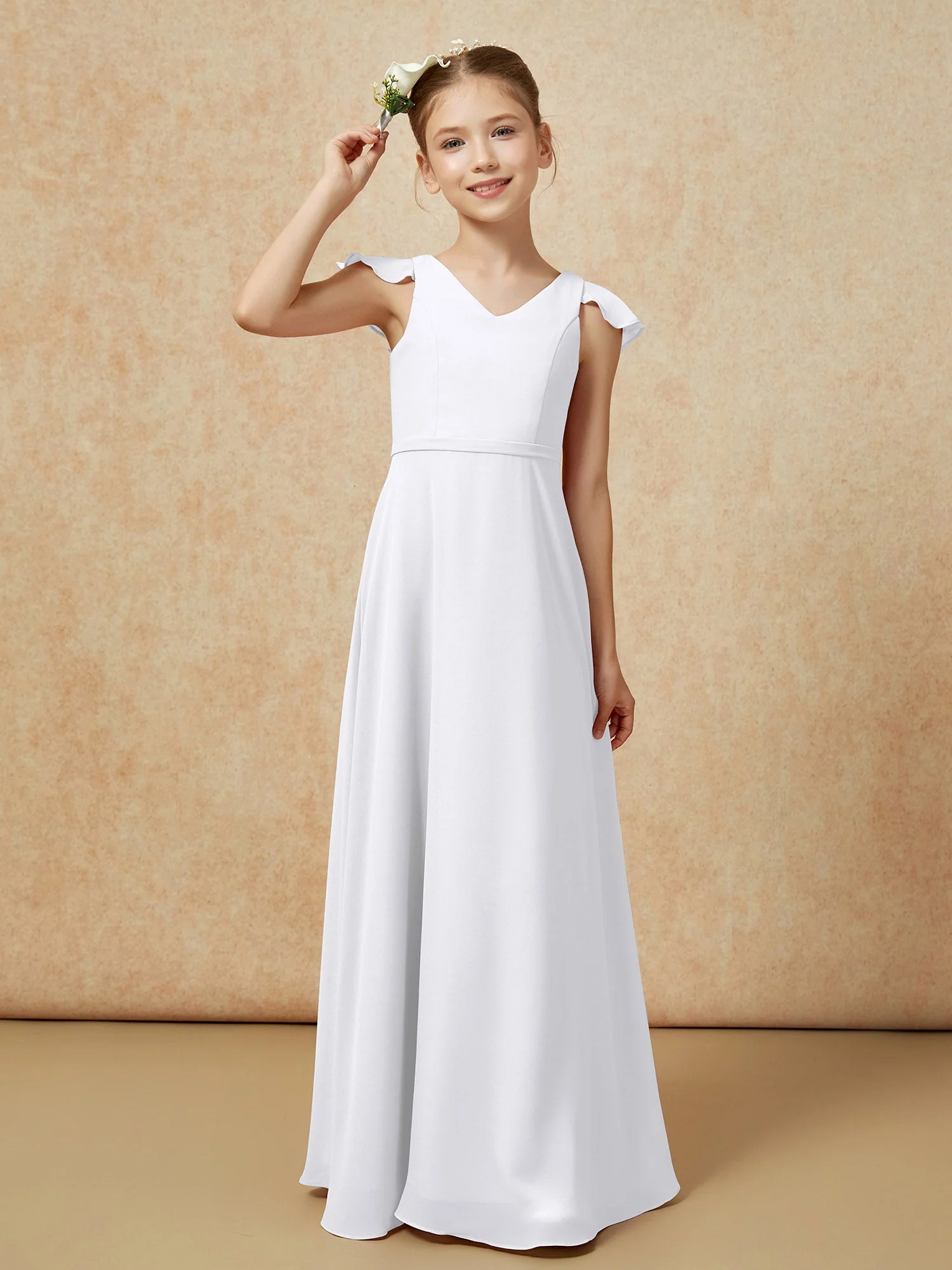Flatterärmel Chiffon A-Linie Junge Brautjungfernkleider Weiß - Image 6