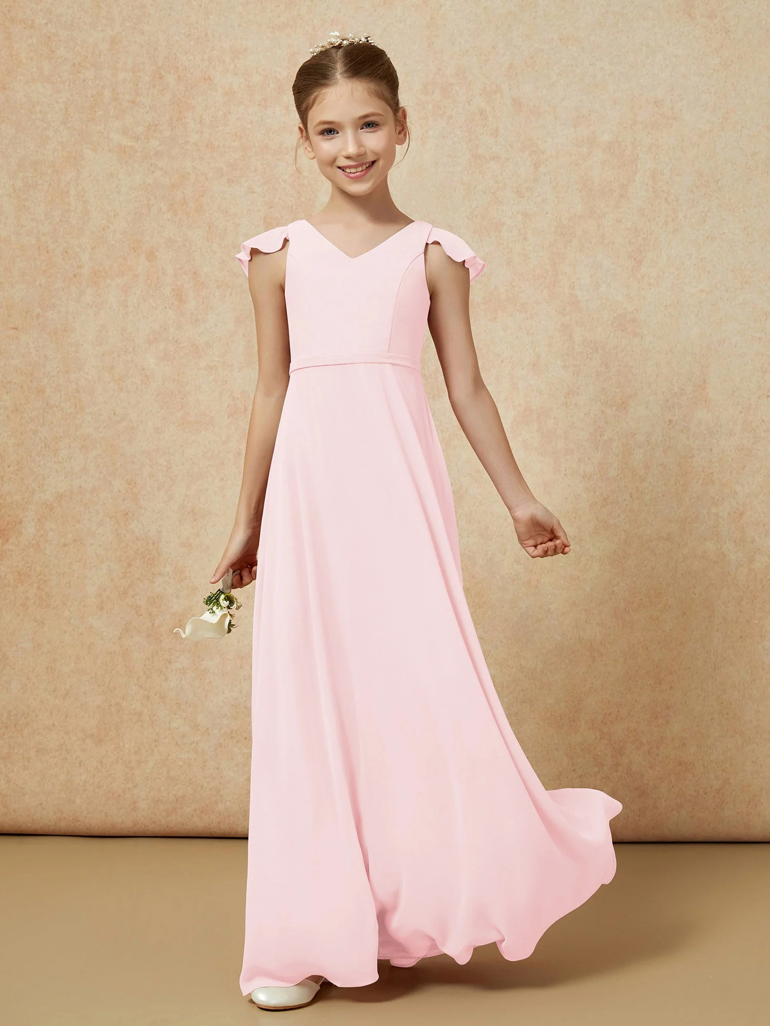 FlatterÀrmel Chiffon A-Linie Junge Brautjungfernkleider Zartrosa - Image 3