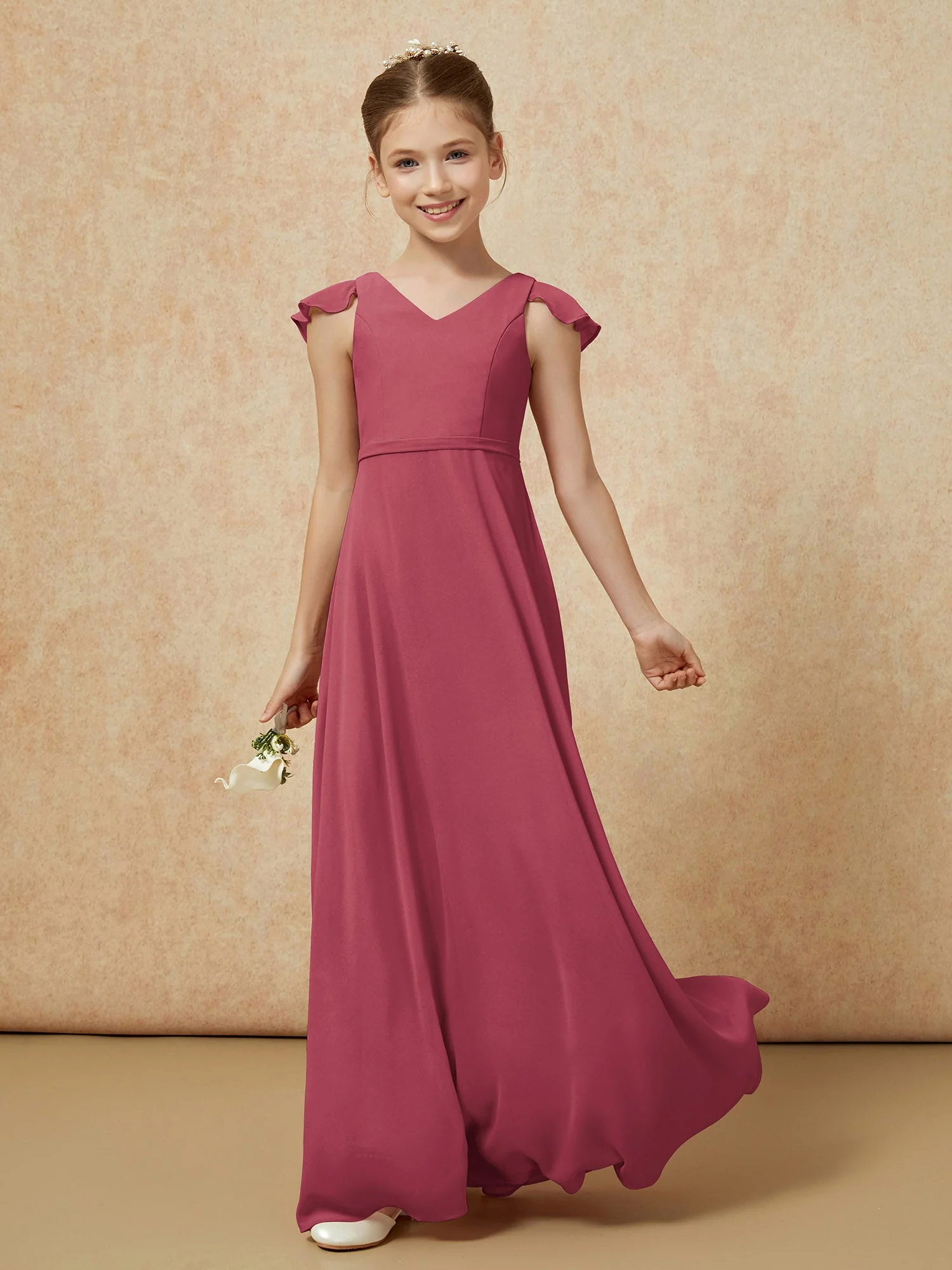 Flatterärmel Chiffon A-Linie Junge Brautjungfernkleider Zimtrose - Image 3
