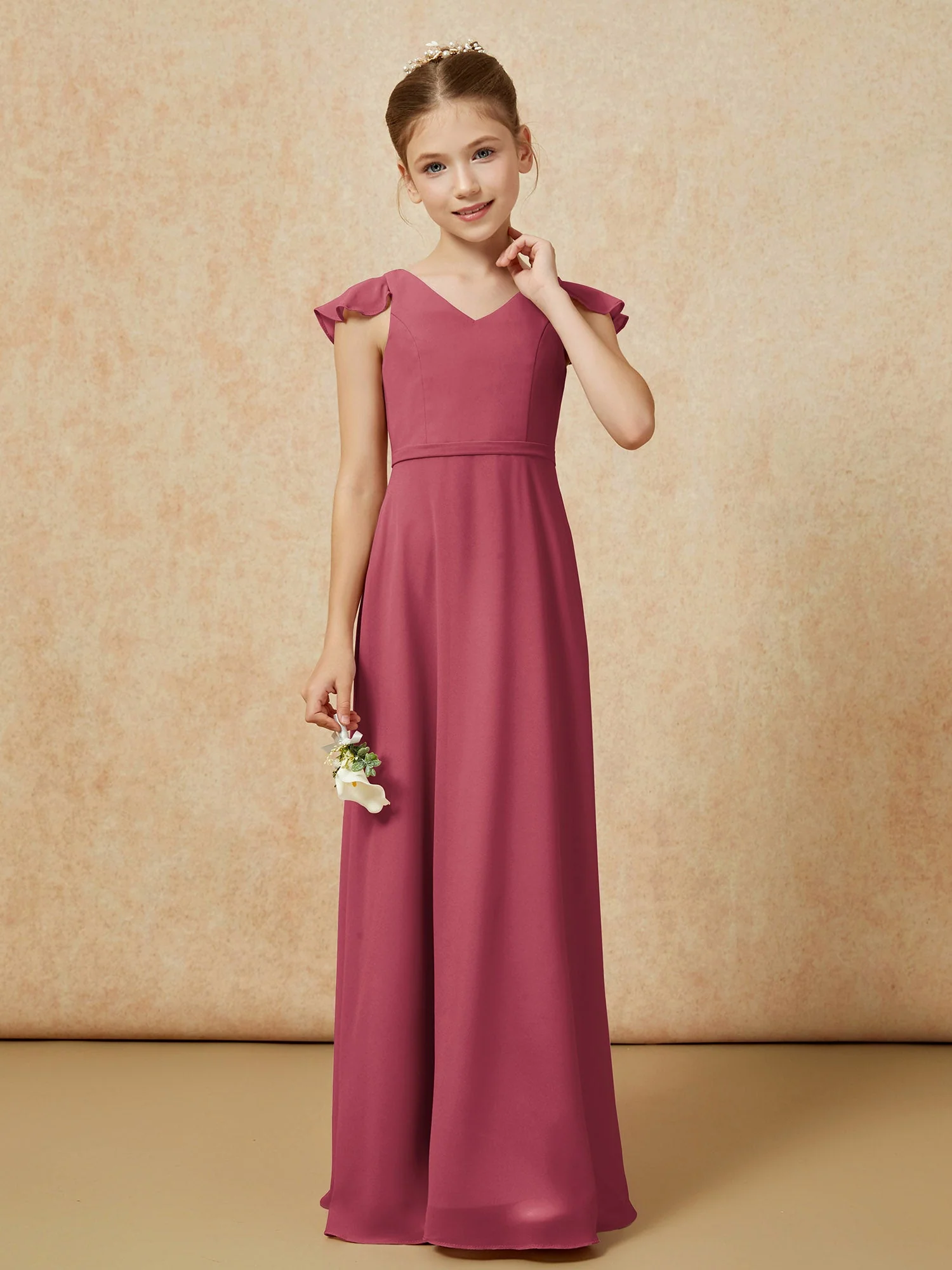 Flatterärmel Chiffon A-Linie Junge Brautjungfernkleider Zimtrose - Image 4