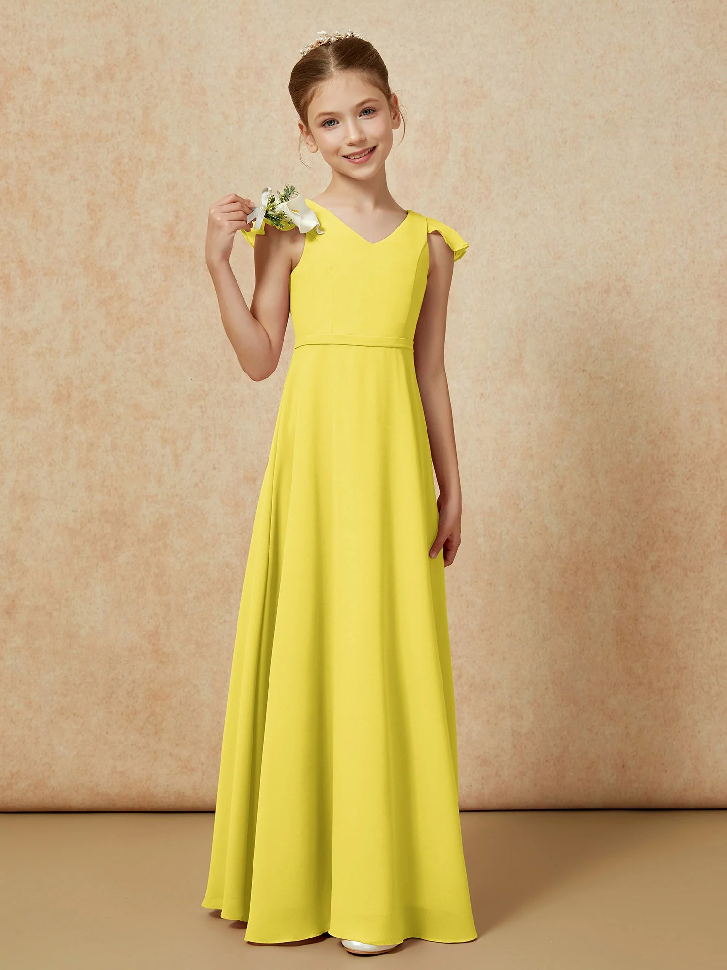 Flatterärmel Chiffon A-Linie Junge Brautjungfernkleider Zitrone