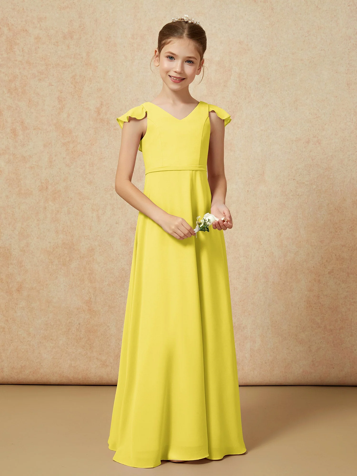 Flatterärmel Chiffon A-Linie Junge Brautjungfernkleider Zitrone - Image 5