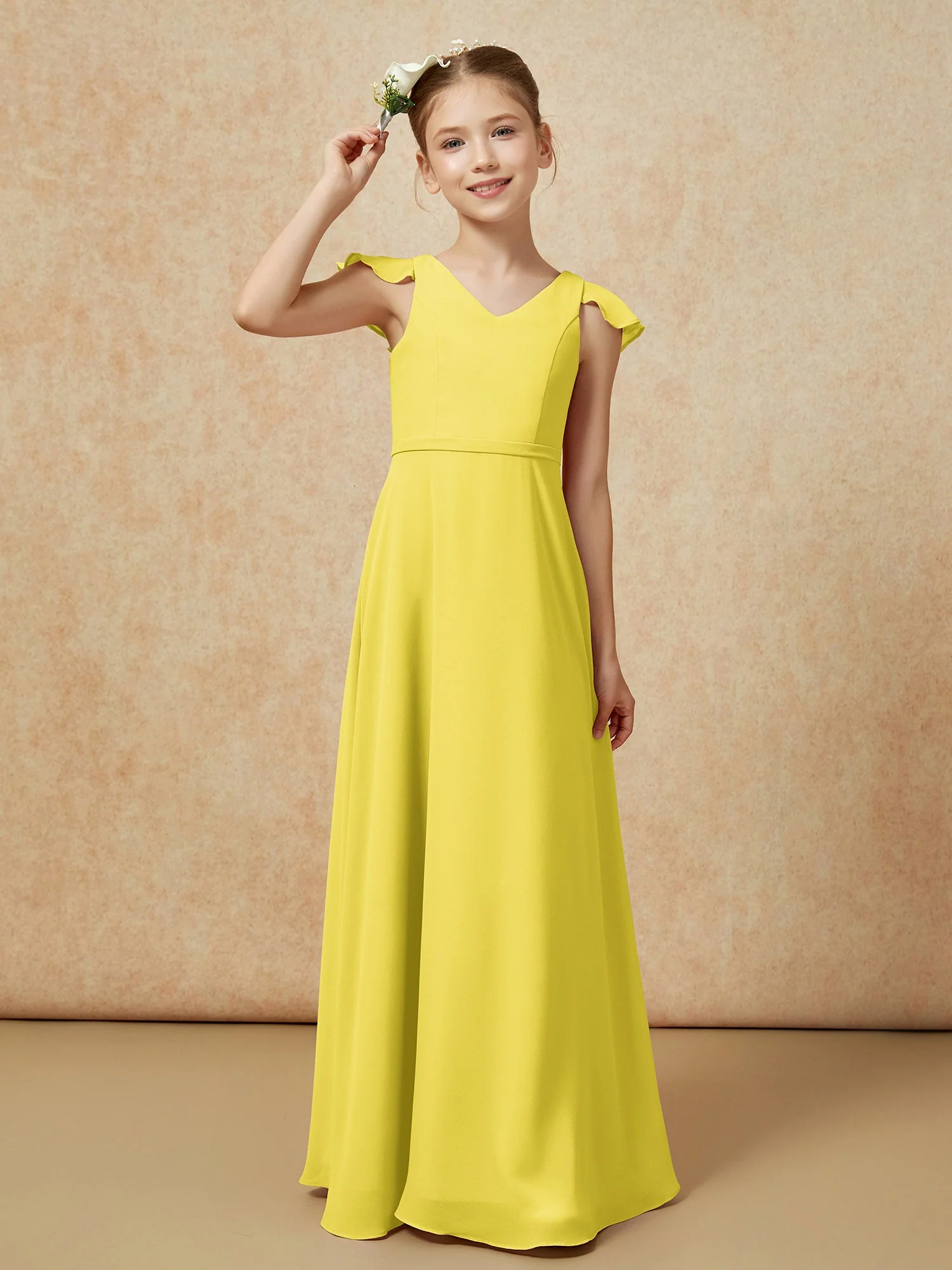 Flatterärmel Chiffon A-Linie Junge Brautjungfernkleider Zitrone - Image 6
