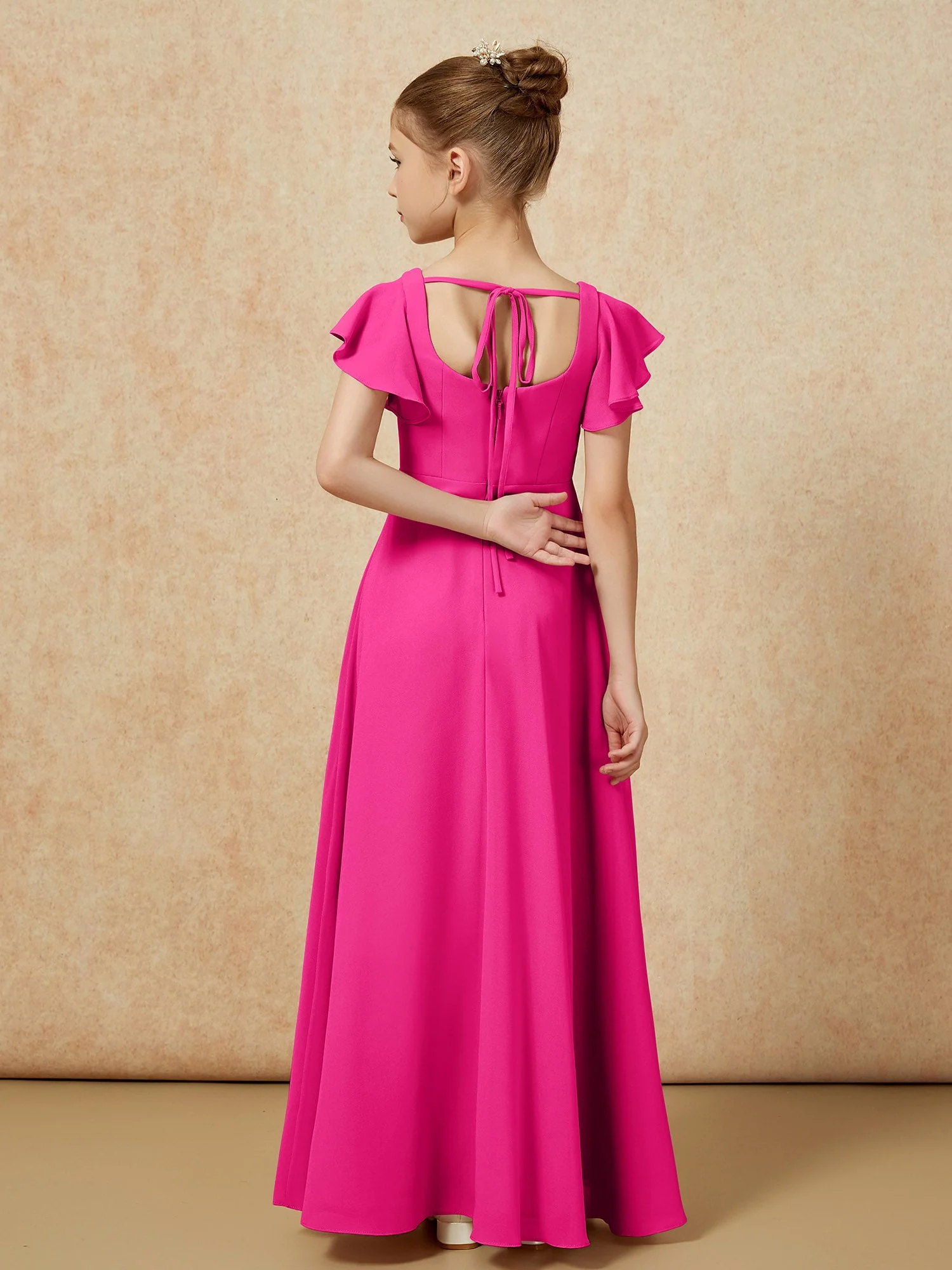 Flatterärmel Lang Junge Brautjungfernkleider mit Schlitz Fuchsia - Image 2