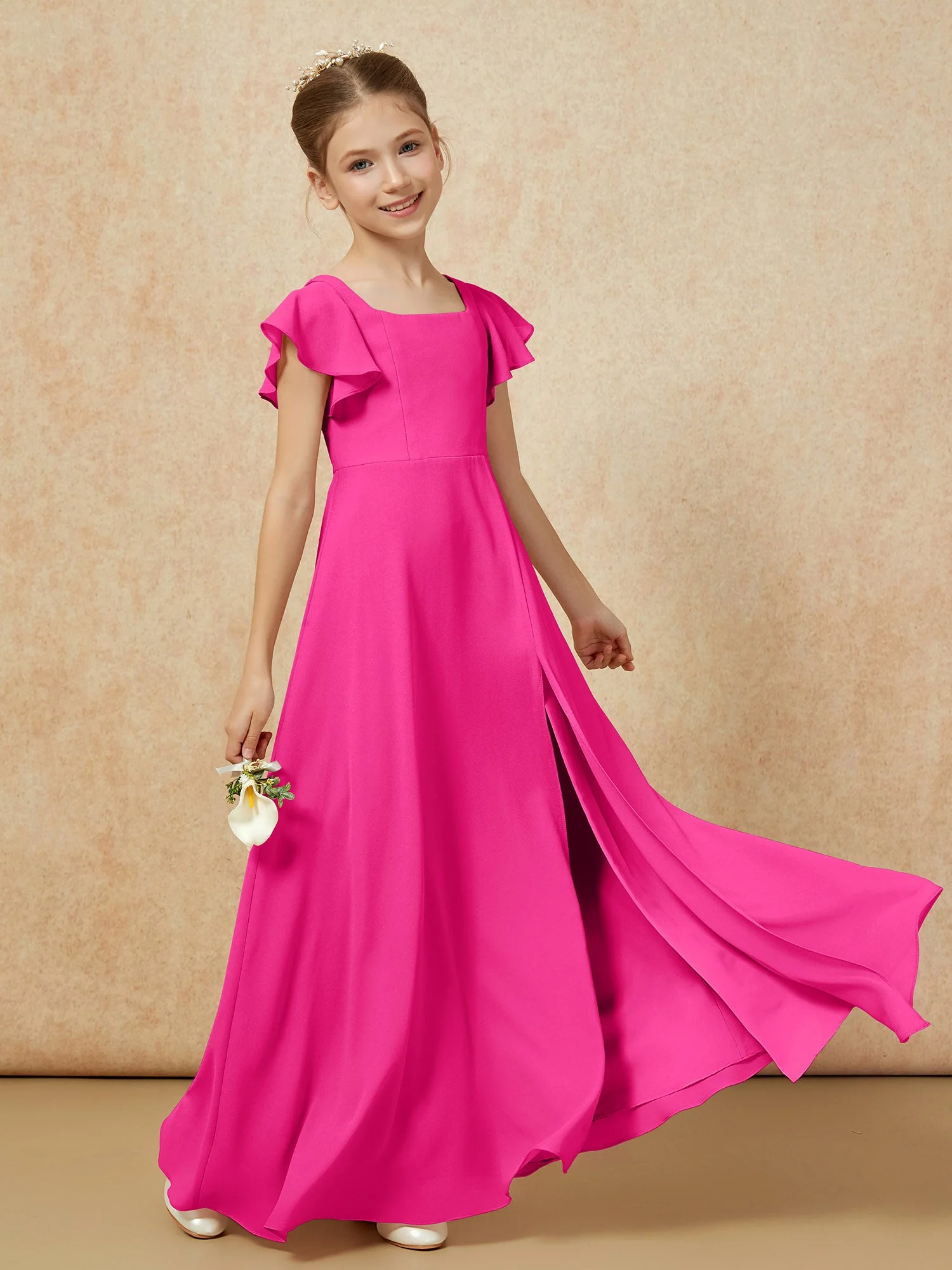 Flatterärmel Lang Junge Brautjungfernkleider mit Schlitz Fuchsia - Image 6