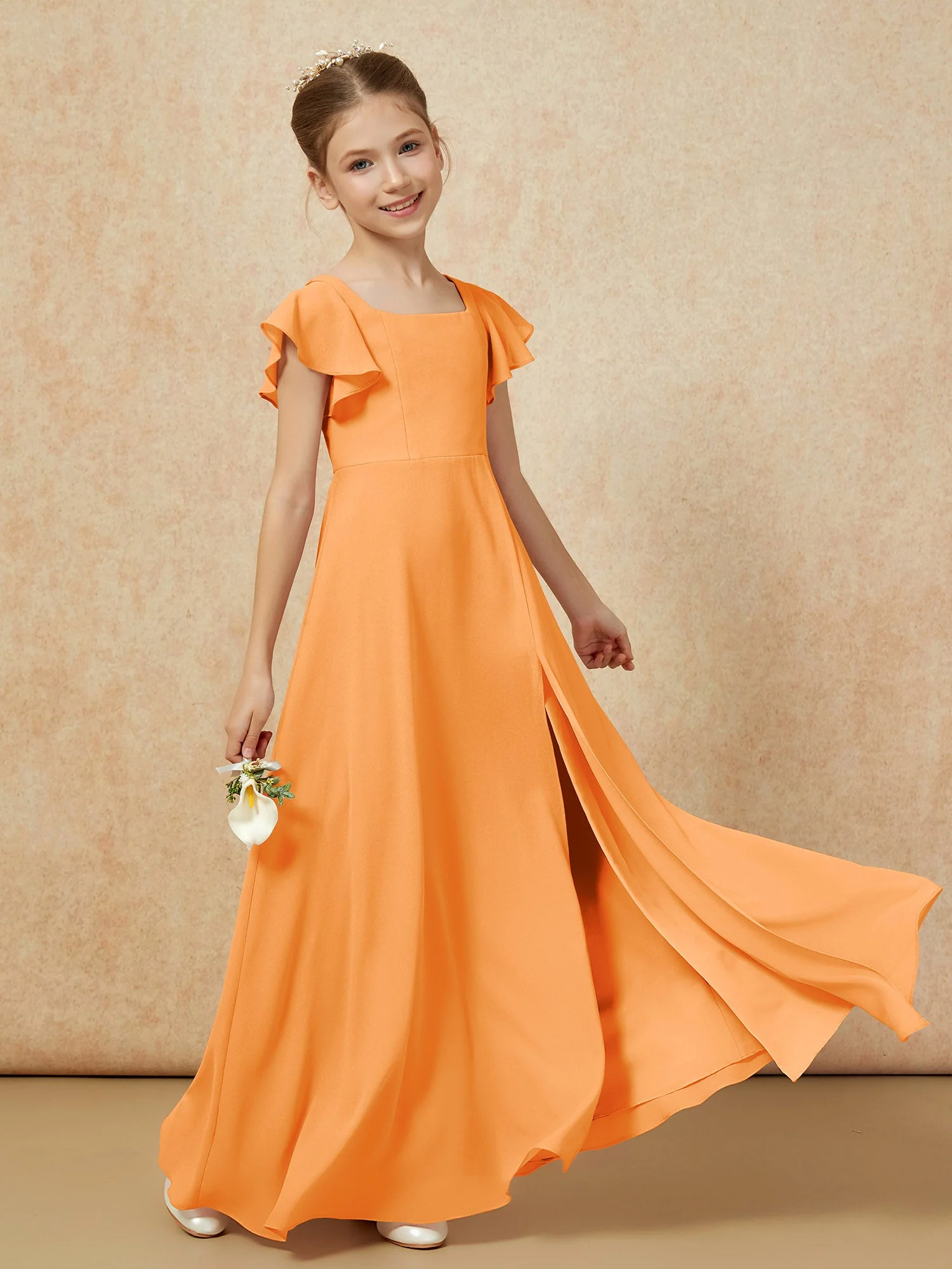 Flatterärmel Lang Junge Brautjungfernkleider mit Schlitz Orange - Image 6