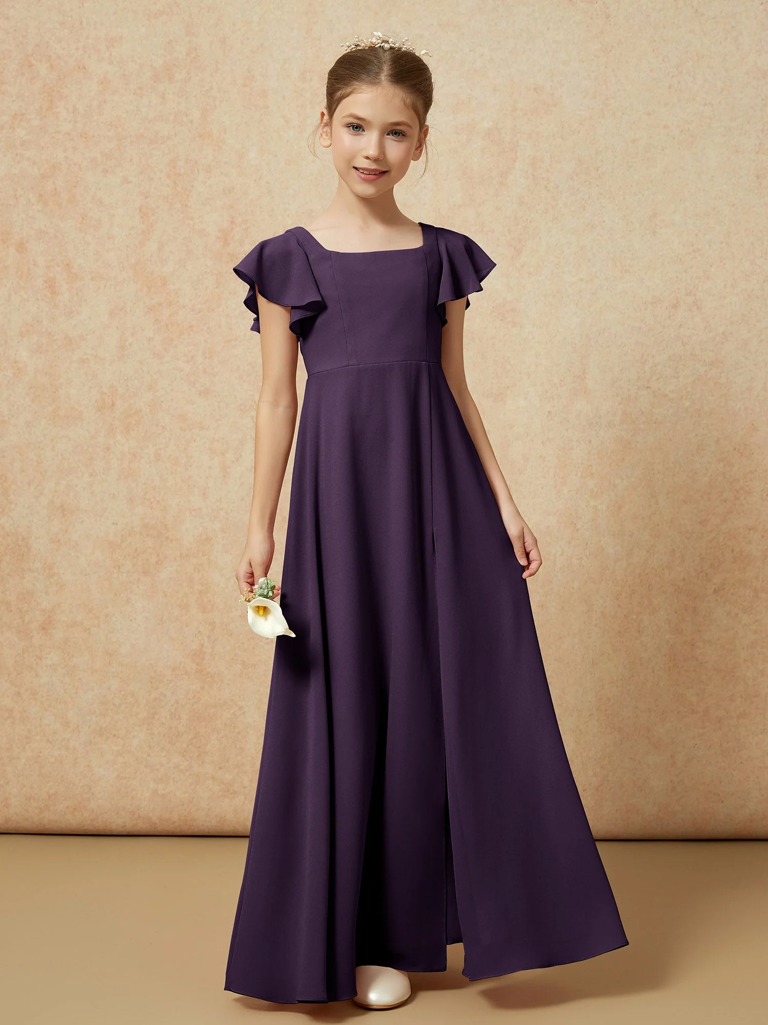 Flatterärmel Lang Junge Brautjungfernkleider mit Schlitz Plum - Image 4