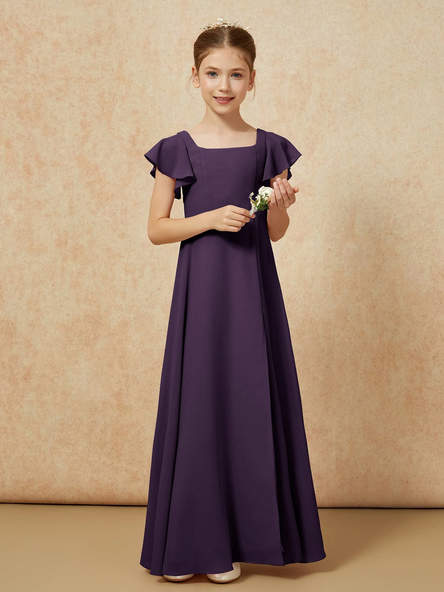 Flatterärmel Lang Junge Brautjungfernkleider mit Schlitz Plum - Image 5