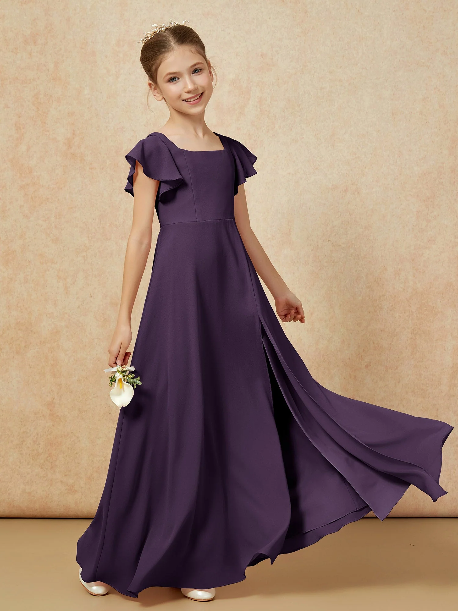 Flatterärmel Lang Junge Brautjungfernkleider mit Schlitz Plum - Image 6